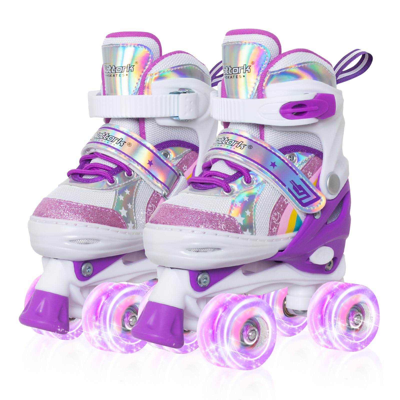 Nattork Girls Roller Skates for Kids, 4 Size Adjustable Rainbow Quad Skates with All Light Up Wheels - Best Birthday Gift for Outdoor Sports