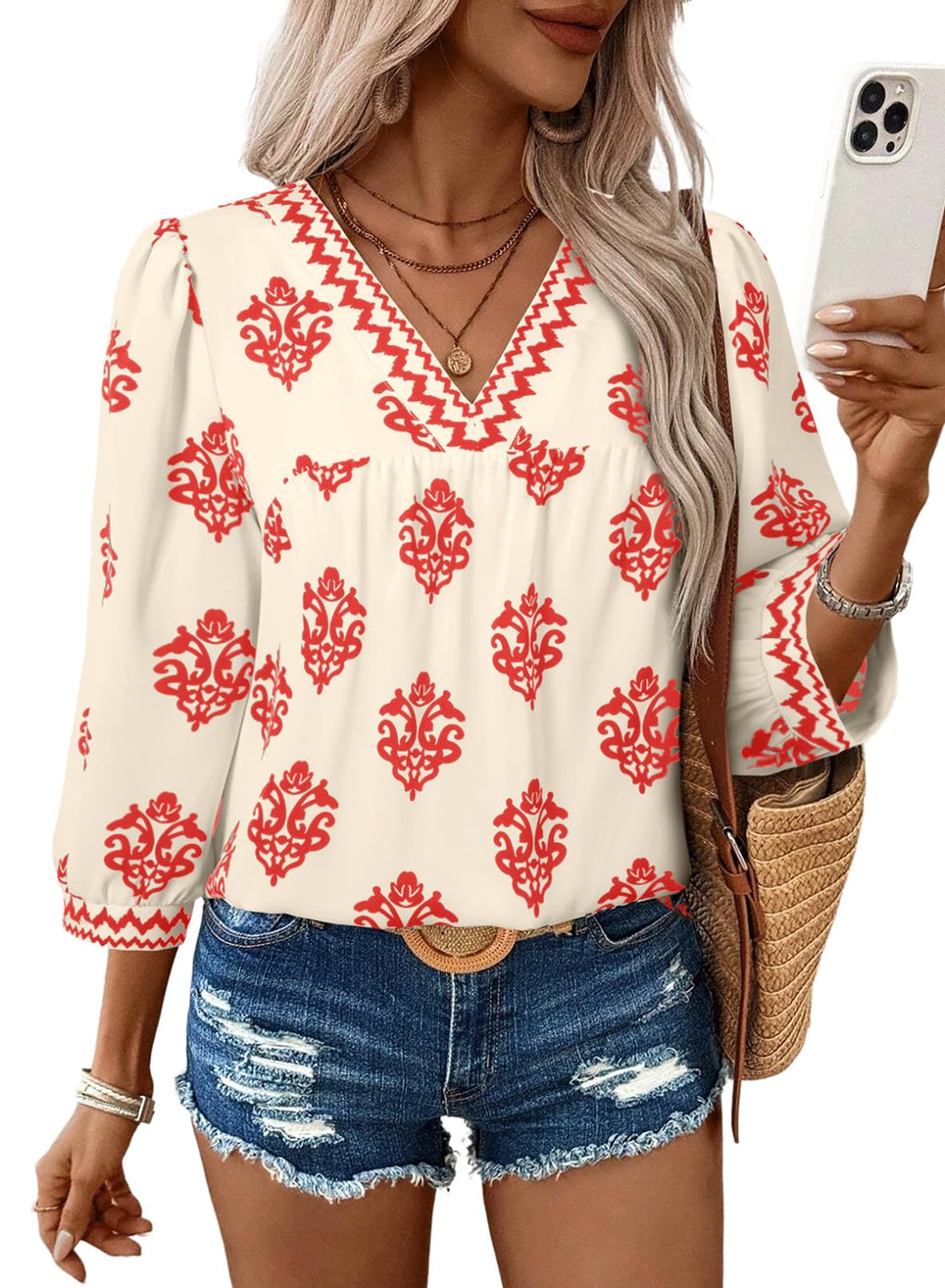 SHEWIN Women's Casual V Neck Floral Print Chiffon Blouses 3/4 Sleeve Boho Summer Tops Shirts