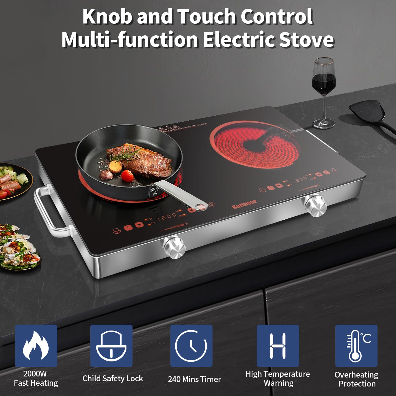 Karinear Portable Electric Stove 110V, 1800W Electric Hot Plate with Handle, Knob Control Single Burner Electri Cooktop, Ceramic Infrared Countertop Burner, Timer, Safety Lock(Green)