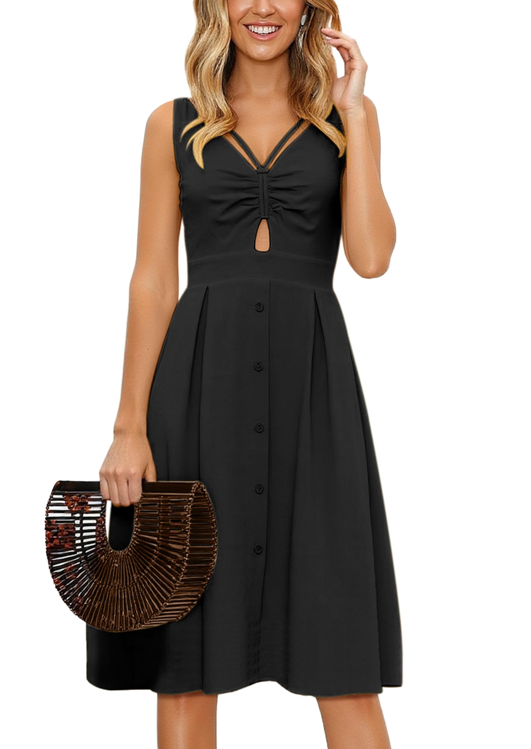 ECOWISH Women 2026 Summer Dresses Tie Front V-Neck Spaghetti Strap Button Down A-Line Backless Swing Midi Dress