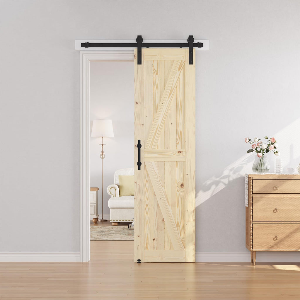 SmartStandard 24in x 80in Sliding Barn Wood Door Pre-Drilled Ready to Assemble, DIY Unfinished Solid Spruce Wood Panelled Slab, Interior Single Door Only, Natural, K-Frame (Fit 4FT Rail)
