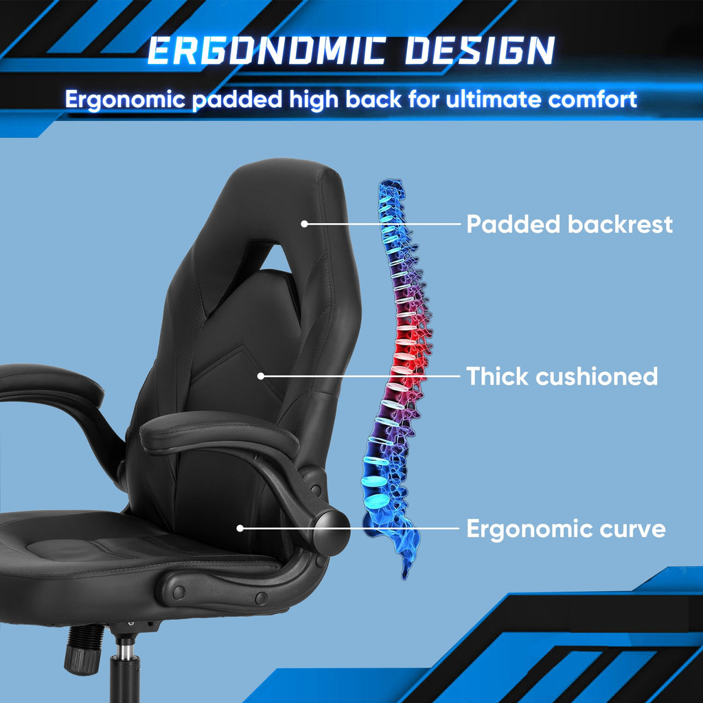 OLIXIS Computer Gaming Desk Chair - Ergonomic Video Game with Comfy Lumbar Support and headrest, PU Leather with Flip-up Arms, Adjustable Height and Swivel Wheels, for Adults, Black