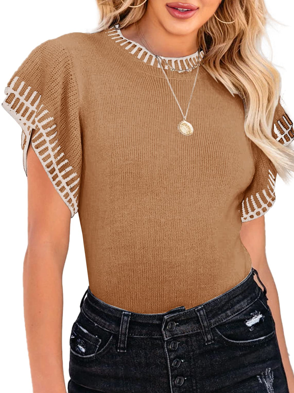Saodimallsu Womens Short Sleeve Sweaters Tops Summer Ruffle Striped Loose Crew Neck Lightweight Soft Shirts Knit Sweater