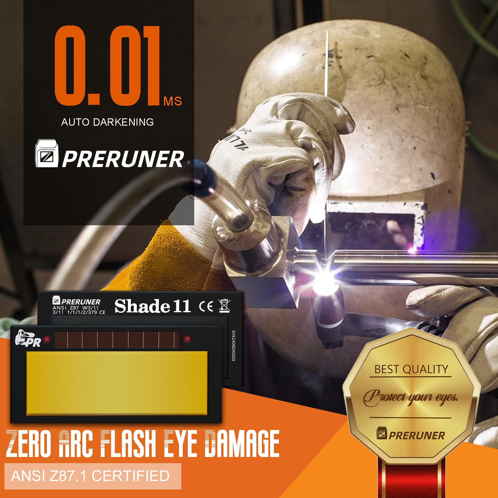Core Series Gold Shade 9 Auto Darkening Welding Lens 2" x 4 1/4", Slim 0.2" Welding Lens with Cool Blue Puddle View for Pancake & Sugar Scoop Welding Hoods