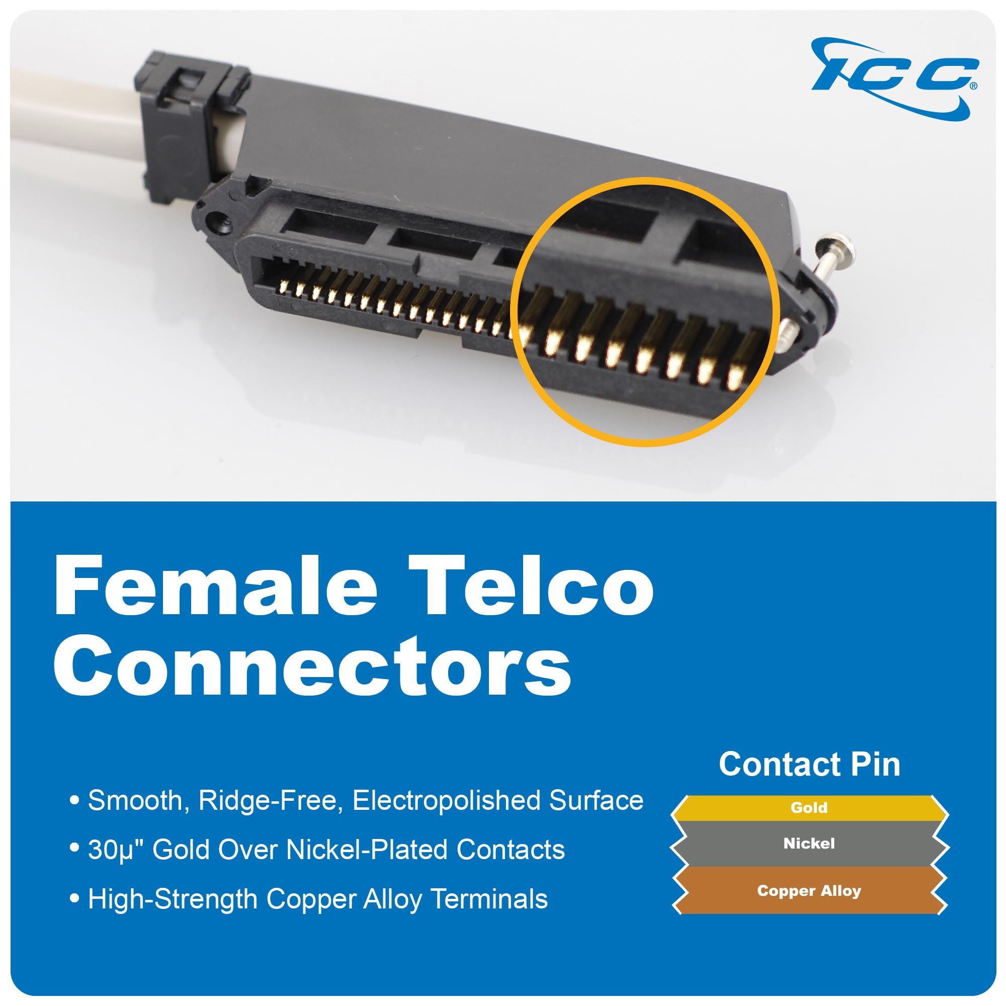 ICC Female to Female 25 Pair Telco Cable 5ft - Cat3 24AWG, 100% Solid Pure Copper, Gray Riser CMR Cable with 90 Degree 50 Pin Telco Connector for Voice and Low Data PBX Applications, 5 Feet