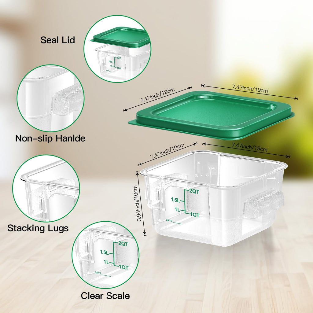 6 pcs 2qt Food Storage Containers with Lid, Square Clear Commercial Storage Containers with Handle and Scale for Food Storage in Home Kitchen & Dining (Green)