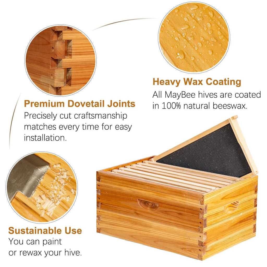 8-Frame Beehive Box Langstroth Deep Brood Box Dipped in 100% Beeswax Includes Wooden Frames & Waxed Foundations (Unassembled)