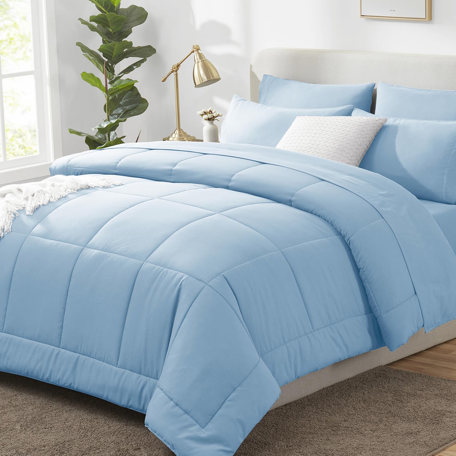 CozyLux Twin XL Comforter Set Baby Blue, 5 Pieces Twin Extra Long Bed in a Bag for College Dorm, All Season Bedding Set with Stitch Quilted Comforter, Flat Sheet, Fitted Sheet, Pillowcases
