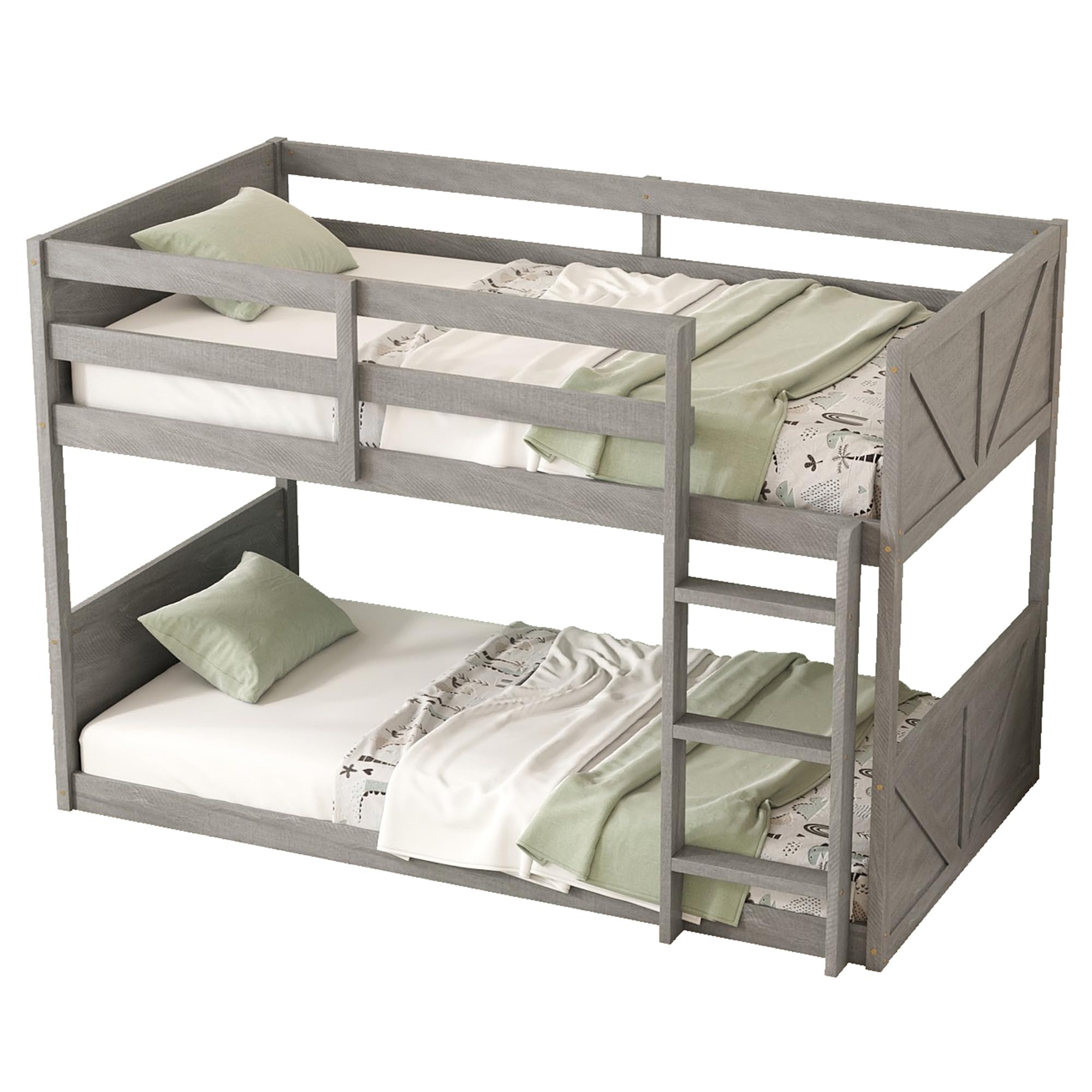 Bunk Bed Twin Over Twin, Wood Low Profile Floor Twin Bunk Beds with Headboard Ladder Guardrails for Kids Boys and Girls, No Box Spring Needed