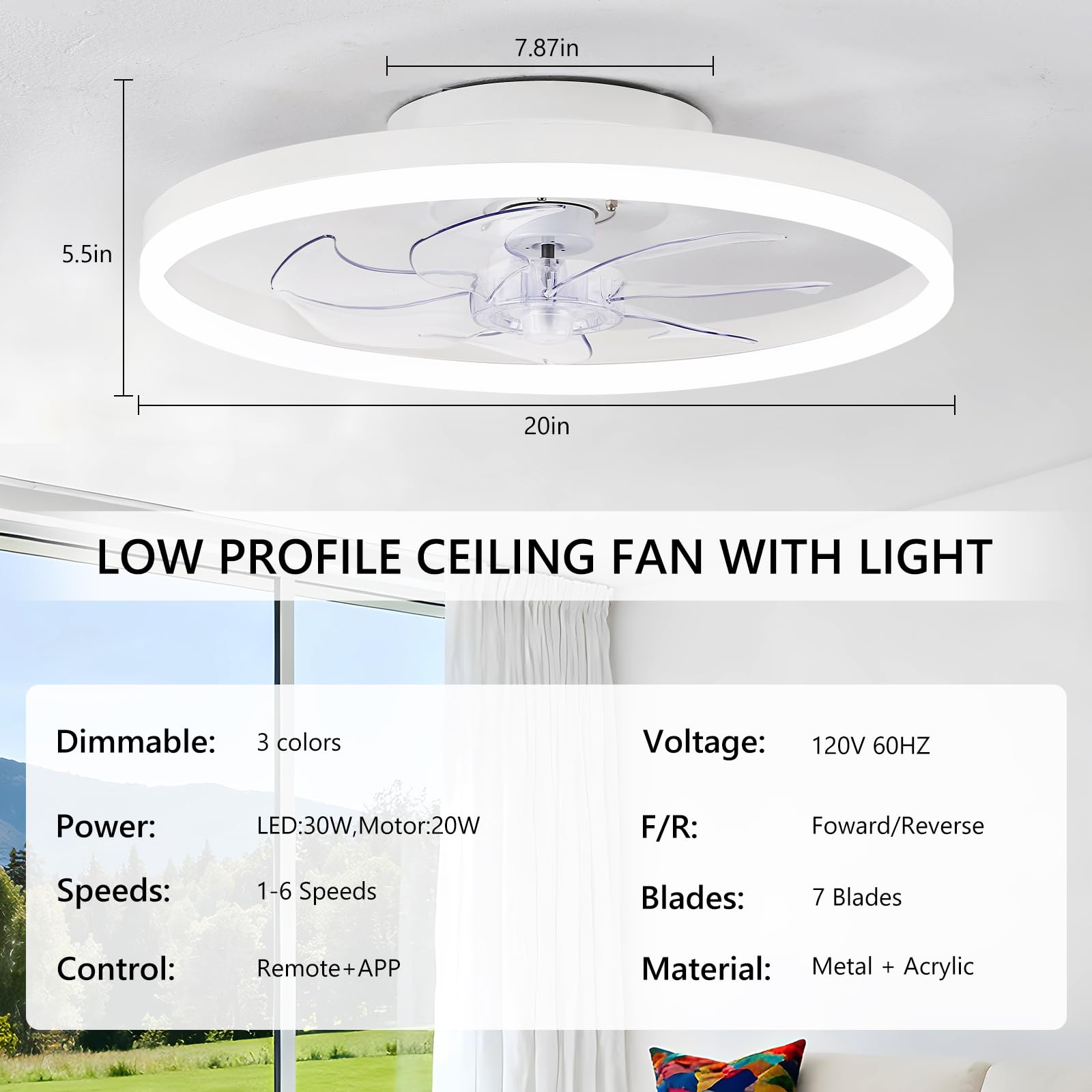16 Inch RGB Low Profile Ceiling Fans with Lights, Modern Flush Mount Fandelier Chandelier Fixture, Remote & APP Control, Black LED Ceiling Fan Light for Bedroom, Living Room, Kitchen Indoor