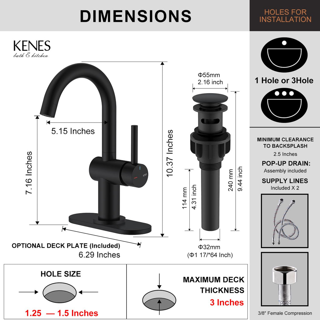 KENES Black and Gold Single Handle Bathroom Sink Faucet, Modern Prep Wet Bar Sink Faucet with Drain Assembly & Deck Plate, Vanity Faucets for Farmhouse RV Camper Utility, KE-9005B-BG