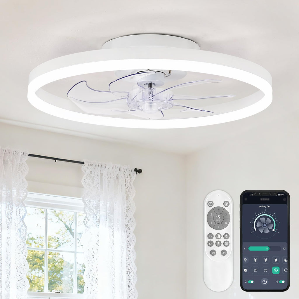 16 Inch RGB Low Profile Ceiling Fans with Lights, Modern Flush Mount Fandelier Chandelier Fixture, Remote & APP Control, Black LED Ceiling Fan Light for Bedroom, Living Room, Kitchen Indoor
