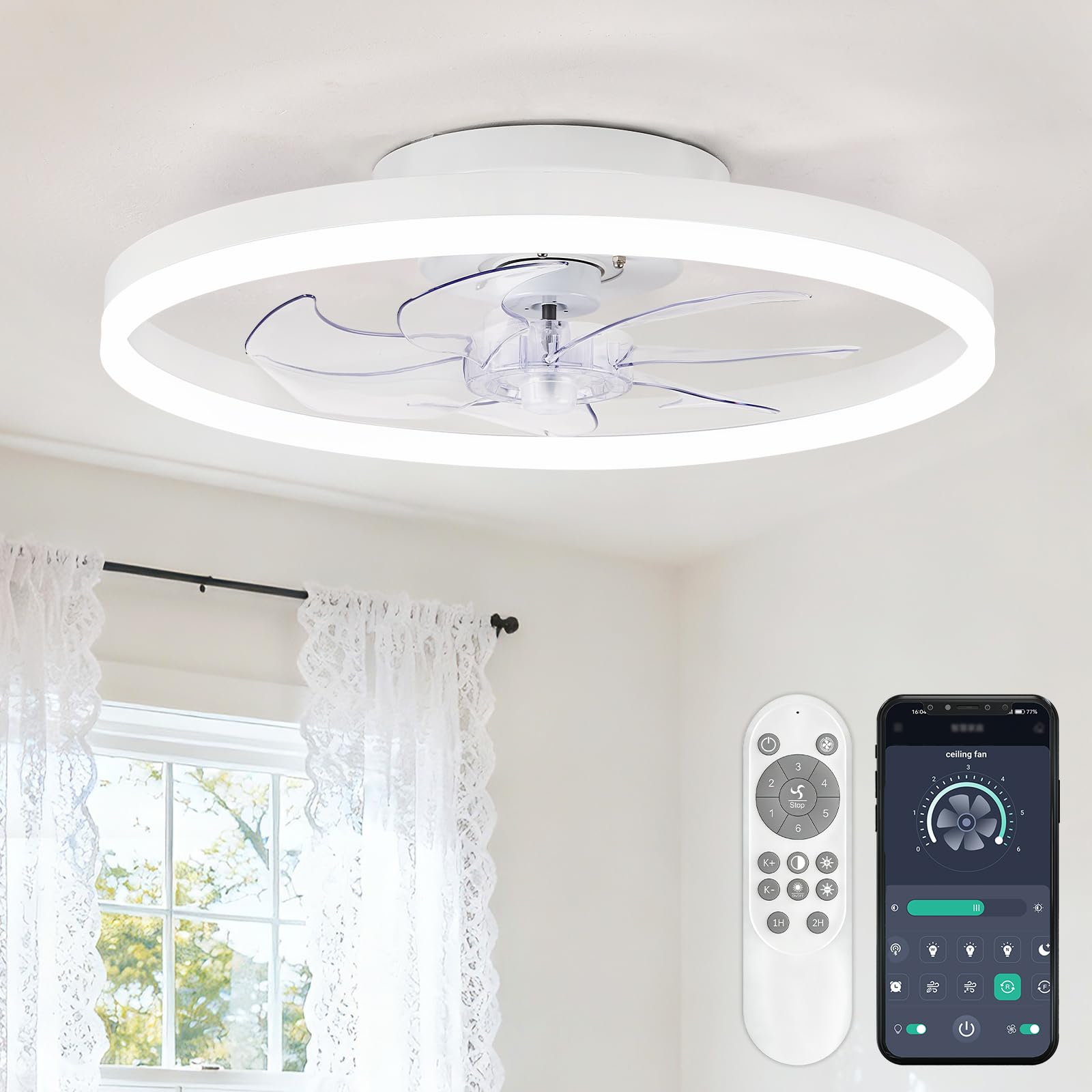 16 Inch RGB Low Profile Ceiling Fans with Lights, Modern Flush Mount Fandelier Chandelier Fixture, Remote & APP Control, Black LED Ceiling Fan Light for Bedroom, Living Room, Kitchen Indoor