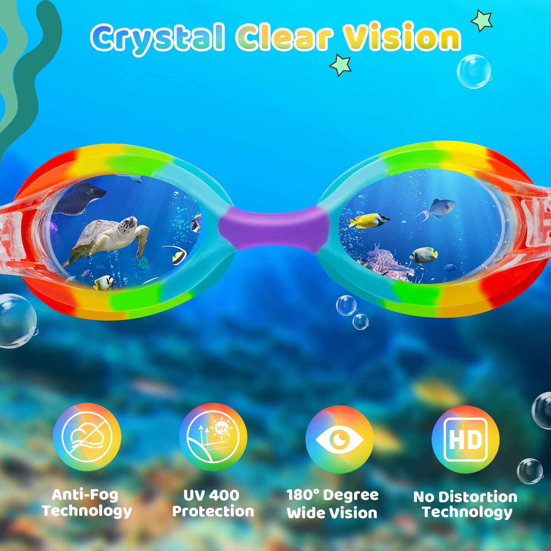 Vvinca Kids Swim Goggles with Fabric Strap No Tangle Pain-Free, Anti-Fog Swimming Pool Goggle No Leak for Toddlers Girls Boys