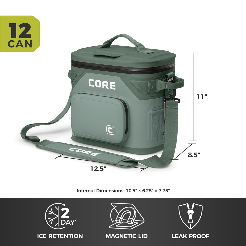 CORE Magnetic Leak Proof Soft Cooler with Waterproof Zipper | Insulated Bag Portable Ice Chest Box | Best Soft Cooler for Food & Beverages for Tailgating, Car Camping, Travel, and Family Beach Picnics