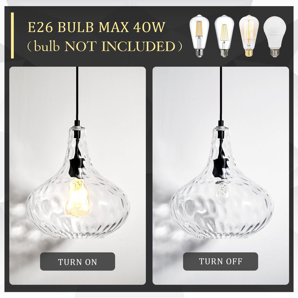 Glass Large Pendant Lights for Kitchen Island Blown Glass Pendant Light Clear Hammered Shade Hanging Ceiling Lights with Black Finish for for Kitchen Island, Sink, Hallway, Living Room 11 inch