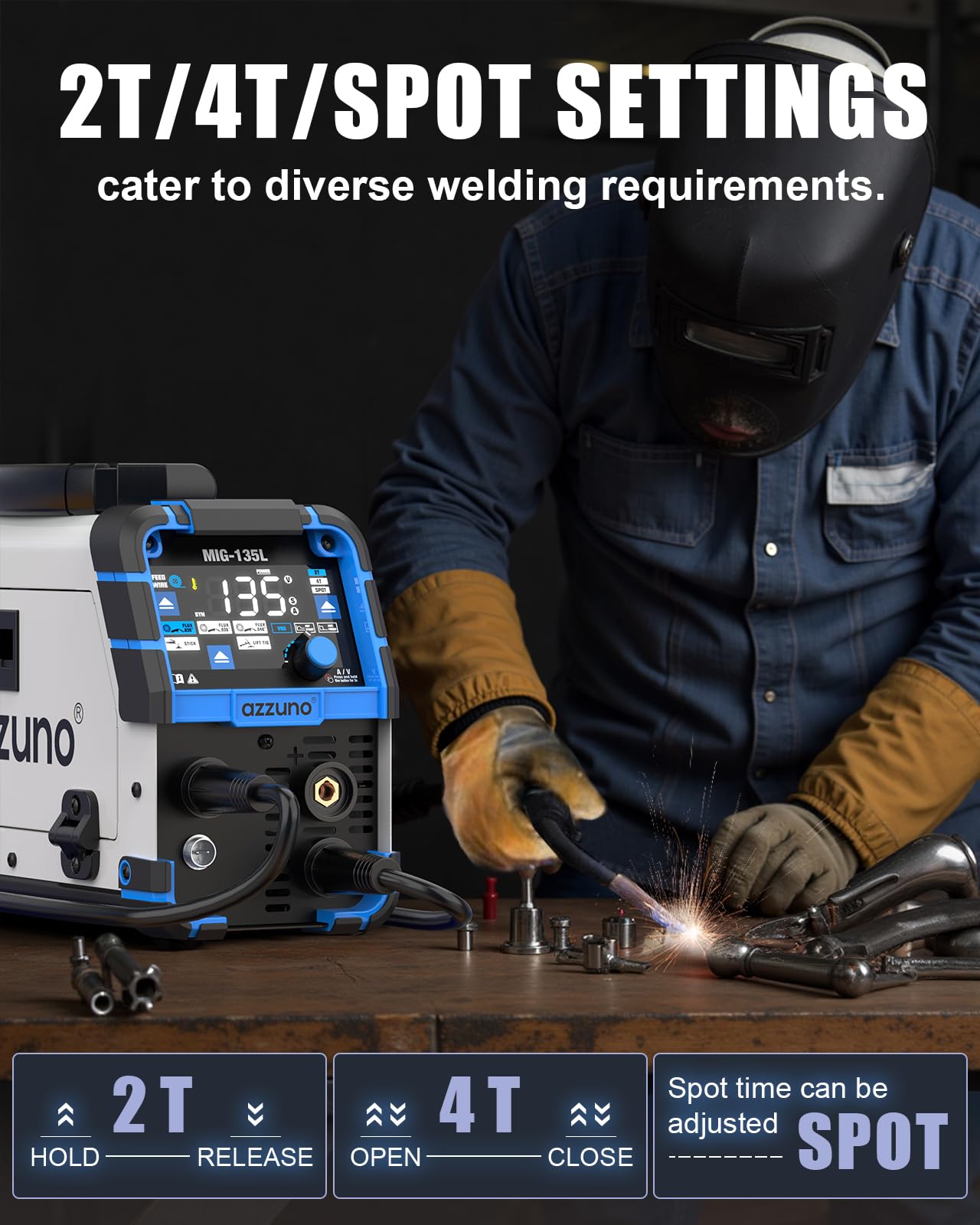 AZZUNO MIG Welder Machine 110V/220V, 155Amp 5-in-1 Gas MIG/Aluminum MIG/Gasless Flux MIG/Lift TIG/Stick Welding Machine, Wire Feed Welder