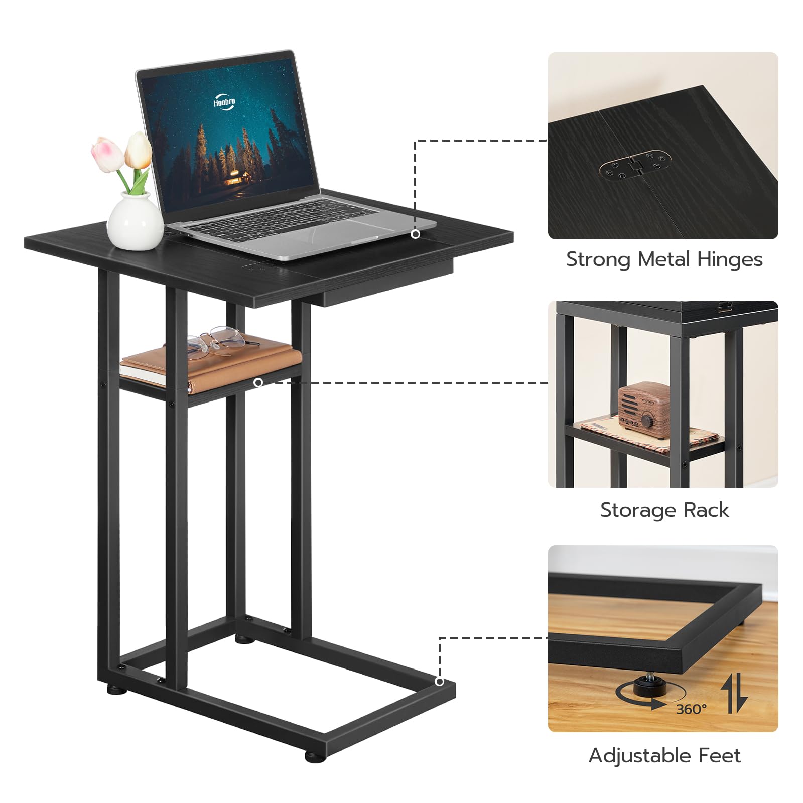 HOOBRO Foldable C Shaped End Table, C Shaped Side Table with Storage Shelf, Small Snack Table, Slide Under Couch Table for Sofa, Living Room Bedroom Small Spaces Easy Assembly, Black BK29SF01