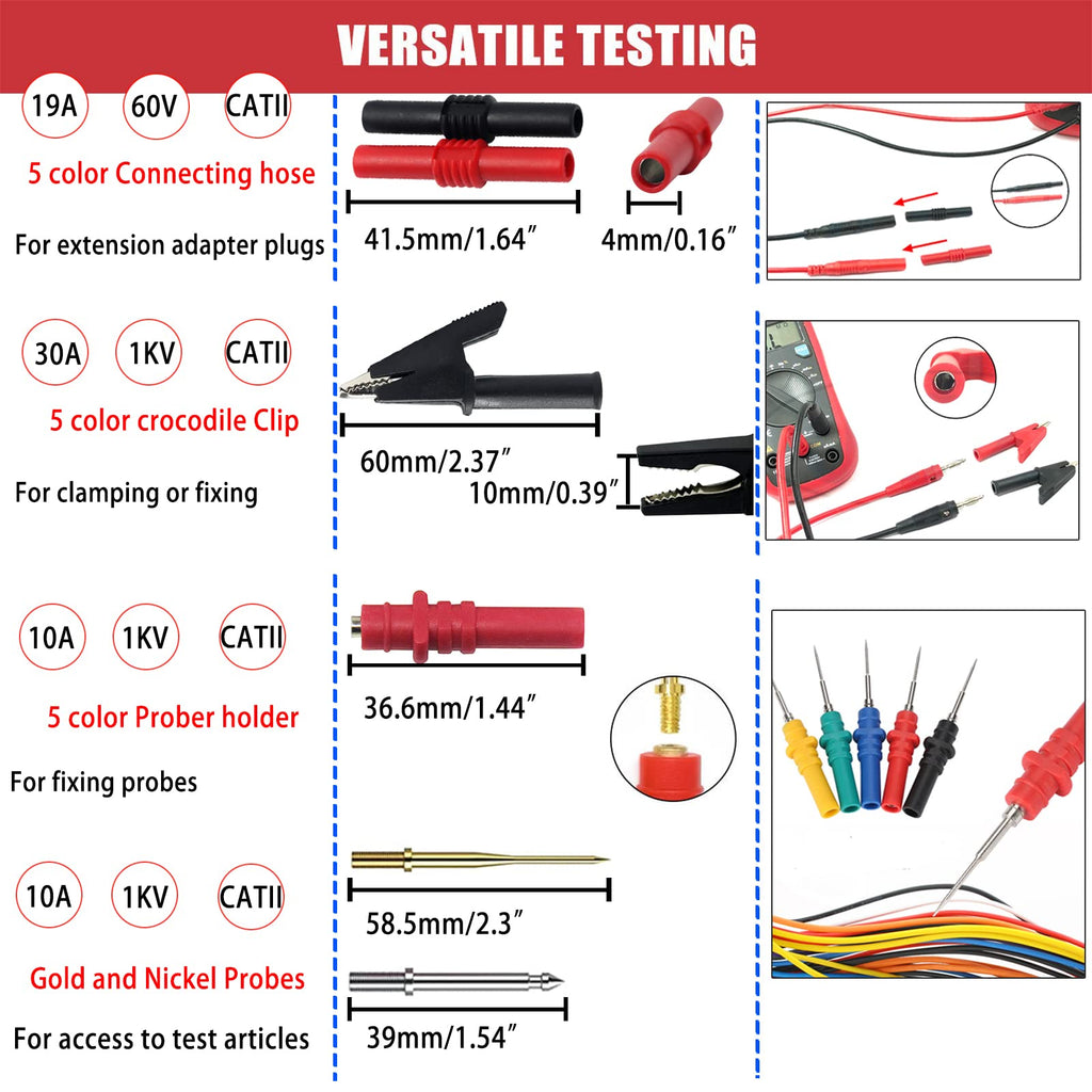 12pc Multimeter Test Leads,Test Leads with Alligator Clips,Test Hook,Banana Plug Leads,Telescopic Testing Hook,Suitable for Fluke, Kaiweets, Innova Multimeter, Voltmeter, Clamp Meter