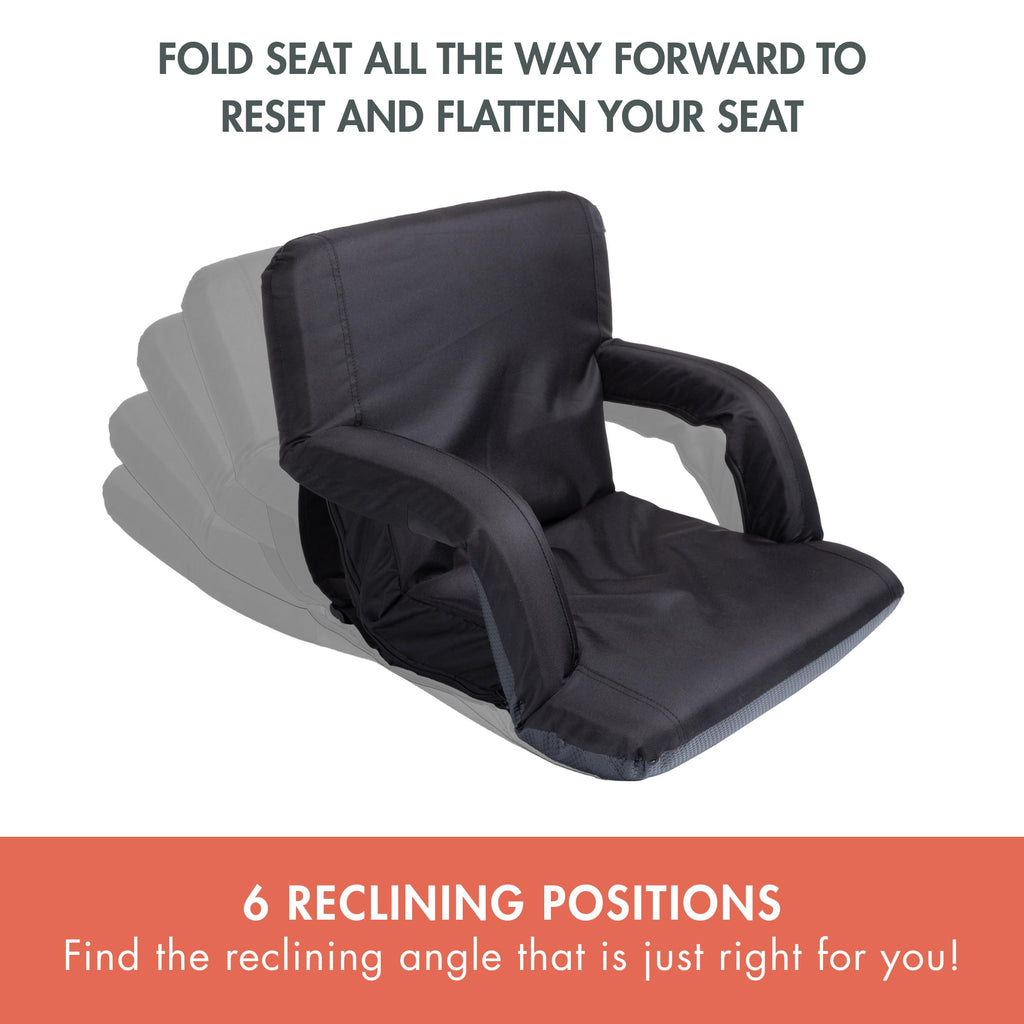 PICNIC TIME Ventura Portable Reclining Stadium Seat with Back Support, Folding Bleacher Chairs with Back and Cushion, Thick Padded Stadium Seat, Armrest, and Six Backrest Positions, (Black, Standard)