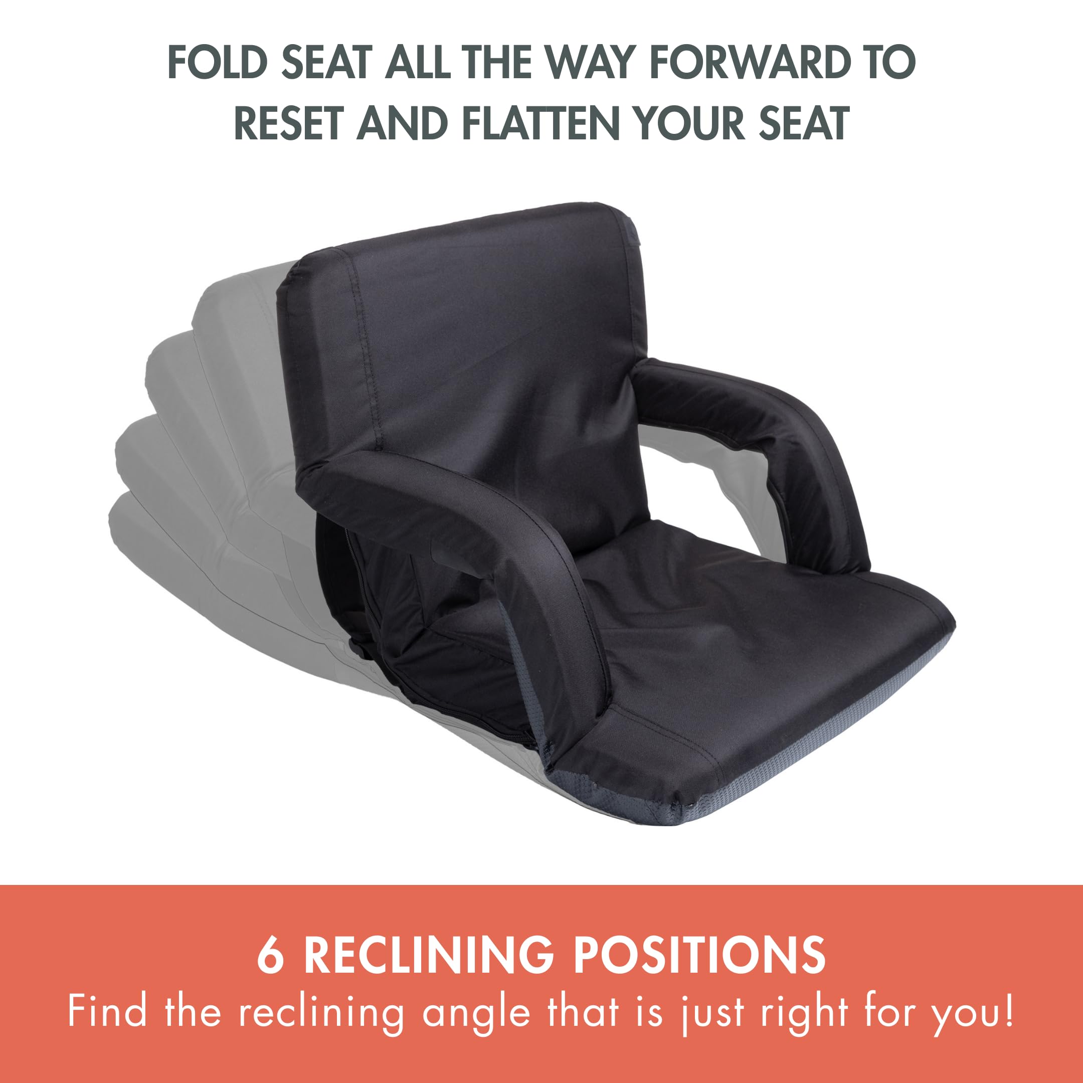 PICNIC TIME Ventura Portable Reclining Stadium Seat with Back Support, Folding Bleacher Chairs with Back and Cushion, Thick Padded Stadium Seat, Armrest, and Six Backrest Positions, (Black, Standard)