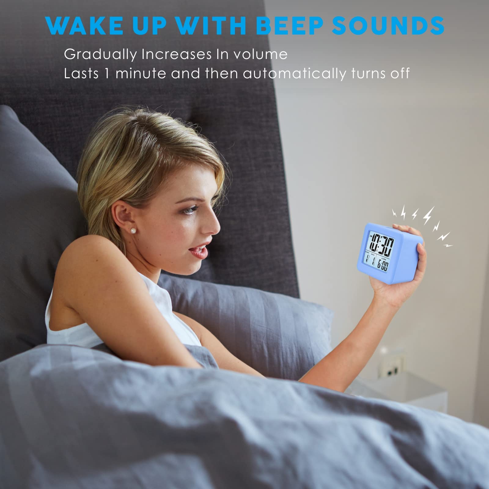 Plumeet Digital Alarm Clock Kids Clock with Snooze and White Nightlight - Easy Setting Travel Alarm Clocks Display Time, Date, Alarm - Ascending Sound - Battery Powered (Baby Blue)