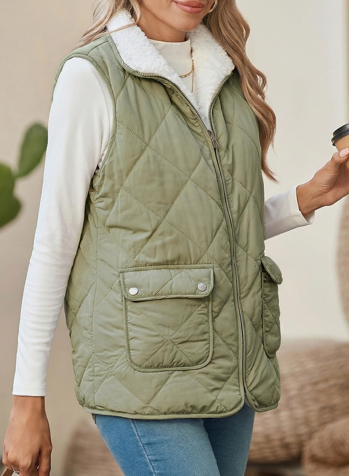 SHEWIN Women Puffer Vest Casual Stand Collar Sleeveless Puffer Jacket Warm Winter Reversible Zip Up Outerwear with Pockets