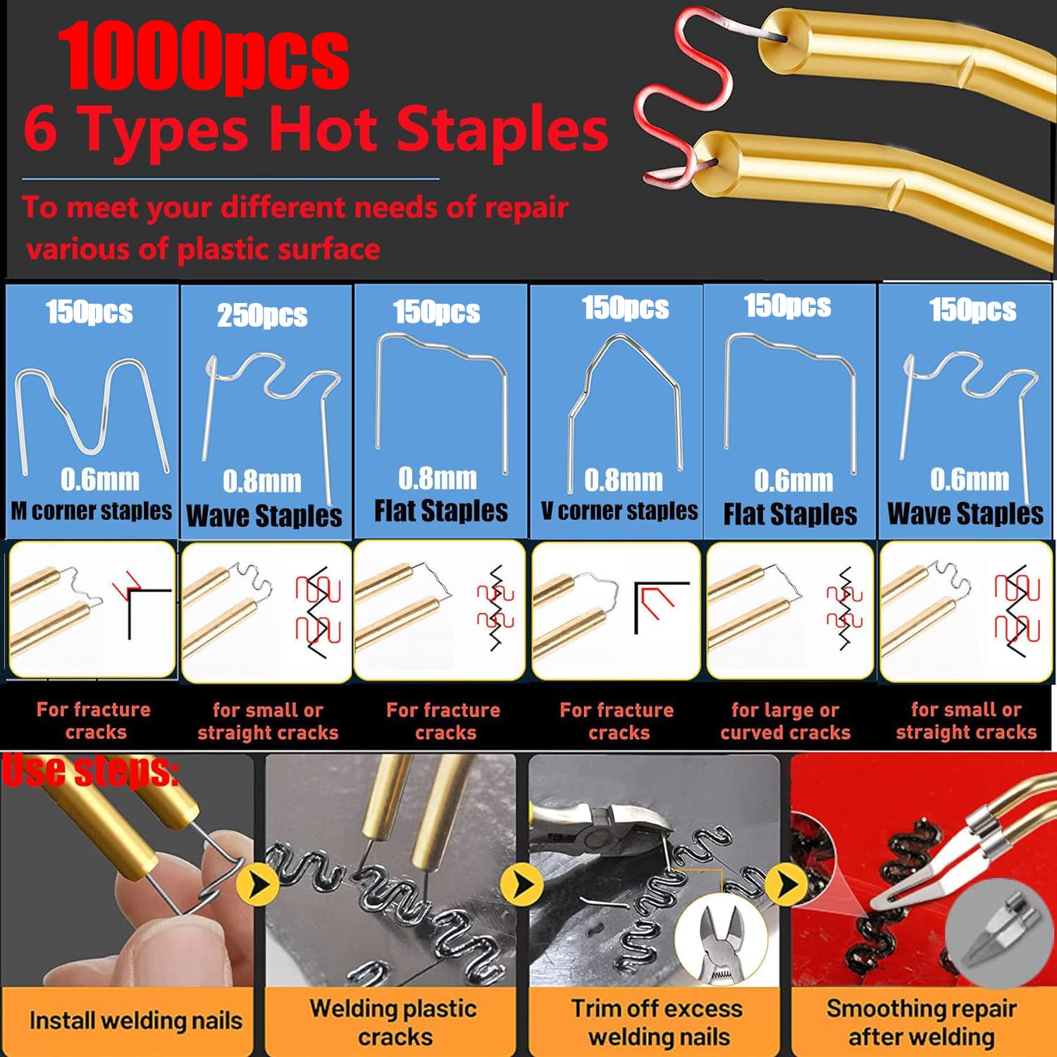 Upgraded 220W Plastic Welder, 2 in 1 Plastic Welding Repair Welder Kit 1000PCS Hot Stapler Soldering Gun with 100PCS Plastics Welding Rods Car Bumper Repair Kit for Most Plastics(Black)