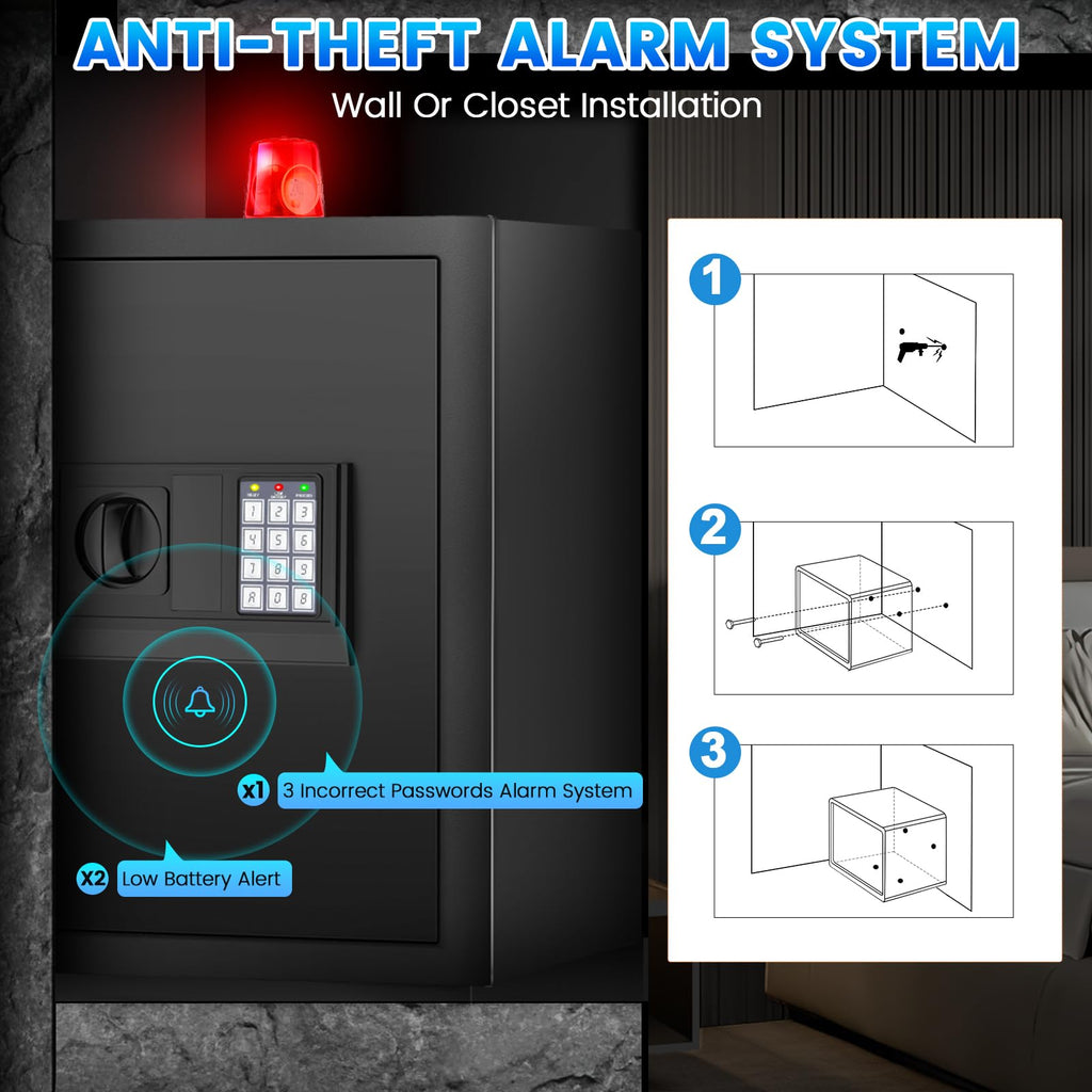 Home Safe Box, Safes with Fireproof Waterproof Bag, 9.84'' H Anti-Theft Digital Security Lock Box with Smart Alert System, Removable Shelf, Mute Function, Document Safes for Jewelry