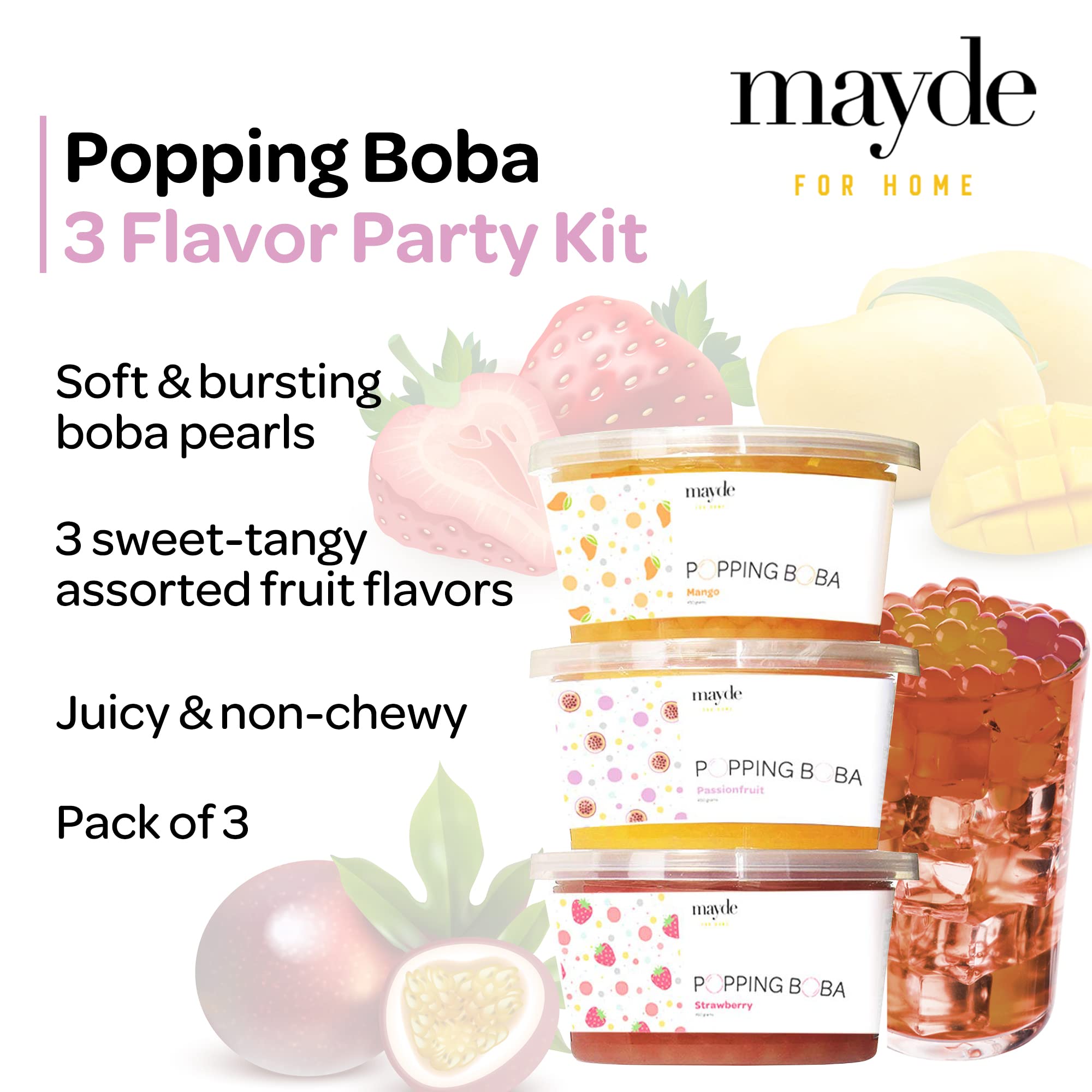 Mayde Popping Boba Pearls Variety Pack, Boba Popping Pearls, Bursting Balls Party Kit, Strawberry, Mango, Passion Fruit, 490 gms, 3 Pack