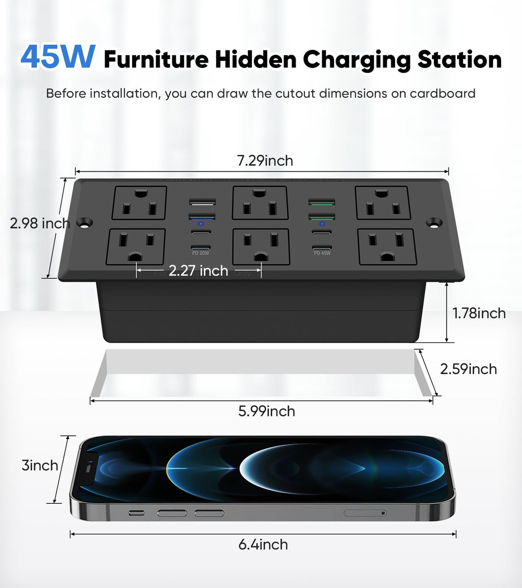 45W Recessed Power Strip, Flush Mounted Surge Protector(1200J) with 6 AC Outlets & 8 USB Ports(4 USB-C), 45°Flat Plug, 6FT Flat Power Cord(Black)