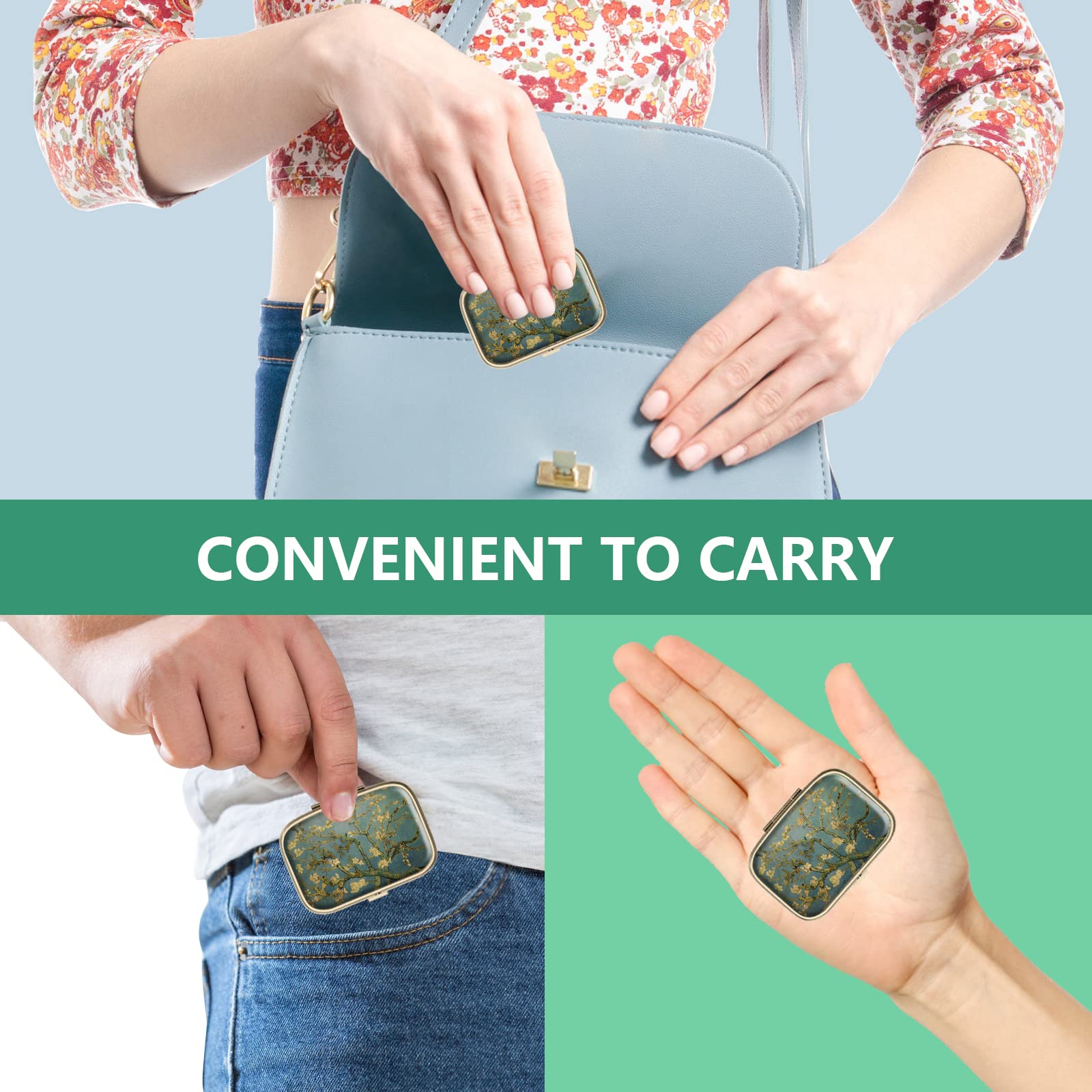 Pill Case Pill Box with Mirror Retro 2 Compartment Small Pill Case for Purse or Pocket Bronze Rectangular Pill Box or Vitamins, Fish Oil, Supplements, Pill Containe Travel Gifts（Retro Red Flowers）