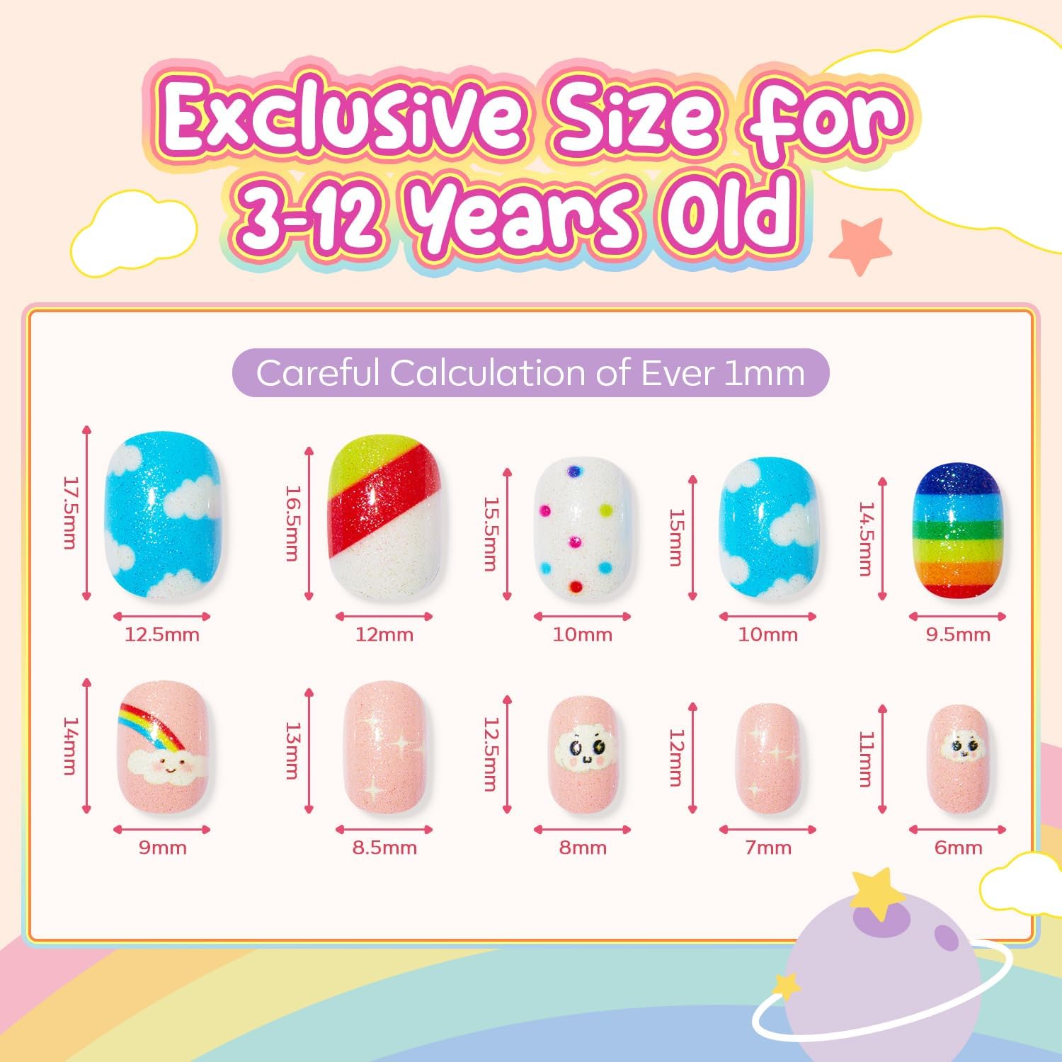 Modelones Press on Nails for Kids 144Pcs 6 Pack Children Acrylic Fake Nails Pre-glue Full Cover Glitter Gradient Color Heart Cat Short False Nail Art Kits Sets Christmas Gifts for Kids Girls