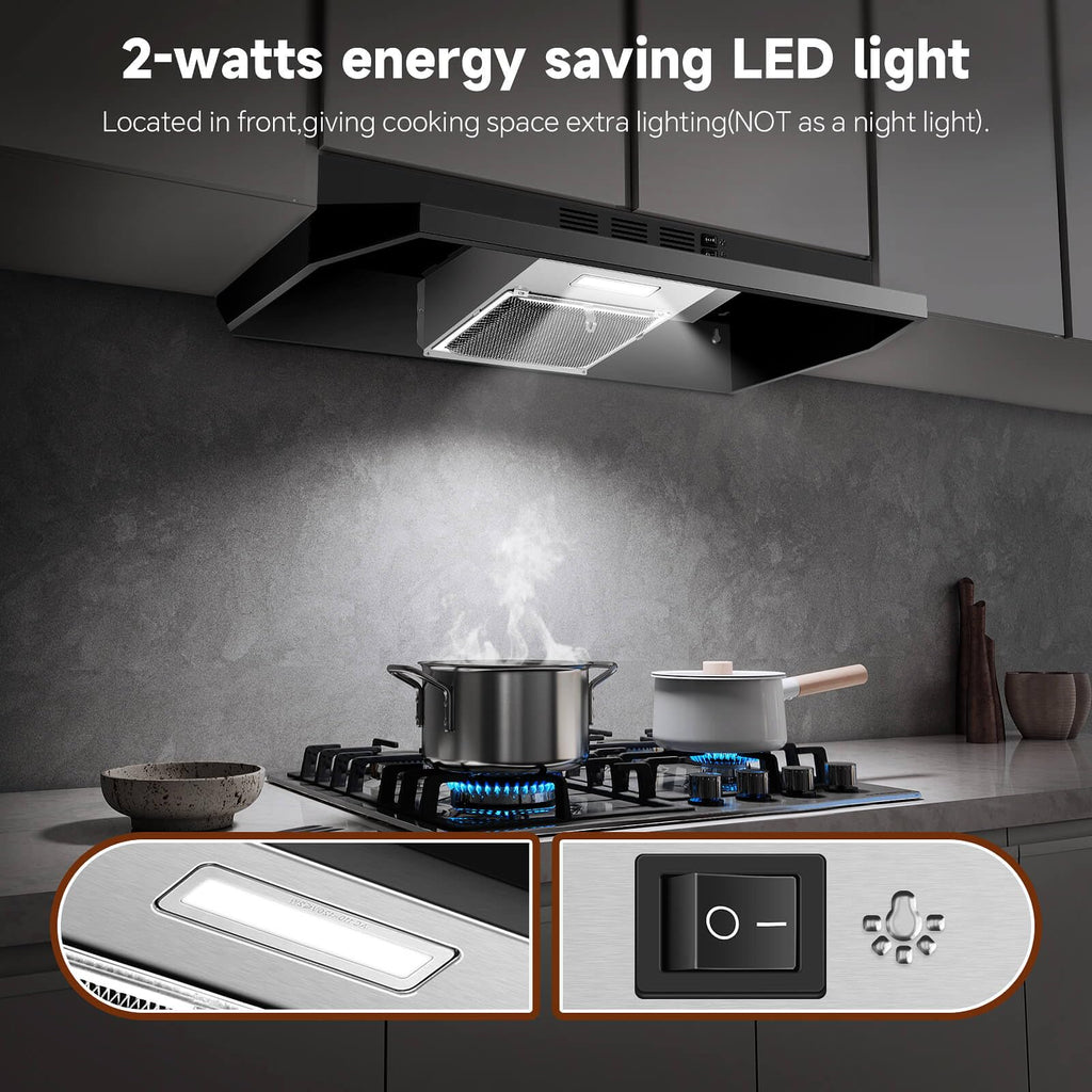 SNDOAS Black Range Hood 24 inch,Ducted/Ductless Range Hood Under Cabinet,Black Coating Stainless Kitchen Exhaust Hood with 2-speed Fan,230 CFM,Rocker Switch,Hard-wired Stove Vent, Ventless Hood