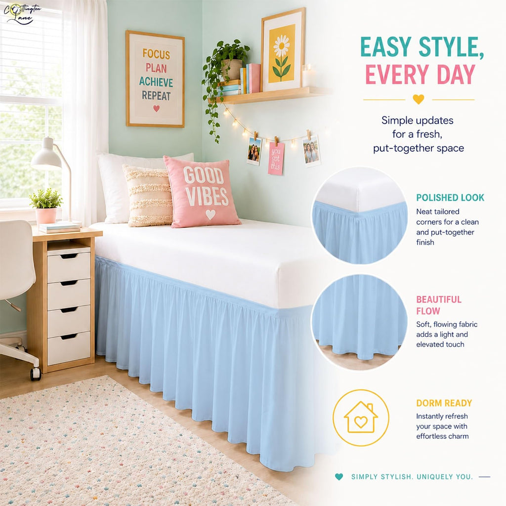 Cottington Lane Ruffled Dorm Room Bed Skirt Twin XL 25 Inch Drop, Hotel Quality Premium Brushed Microfiber Twin Extra Long College Dust Ruffle, White