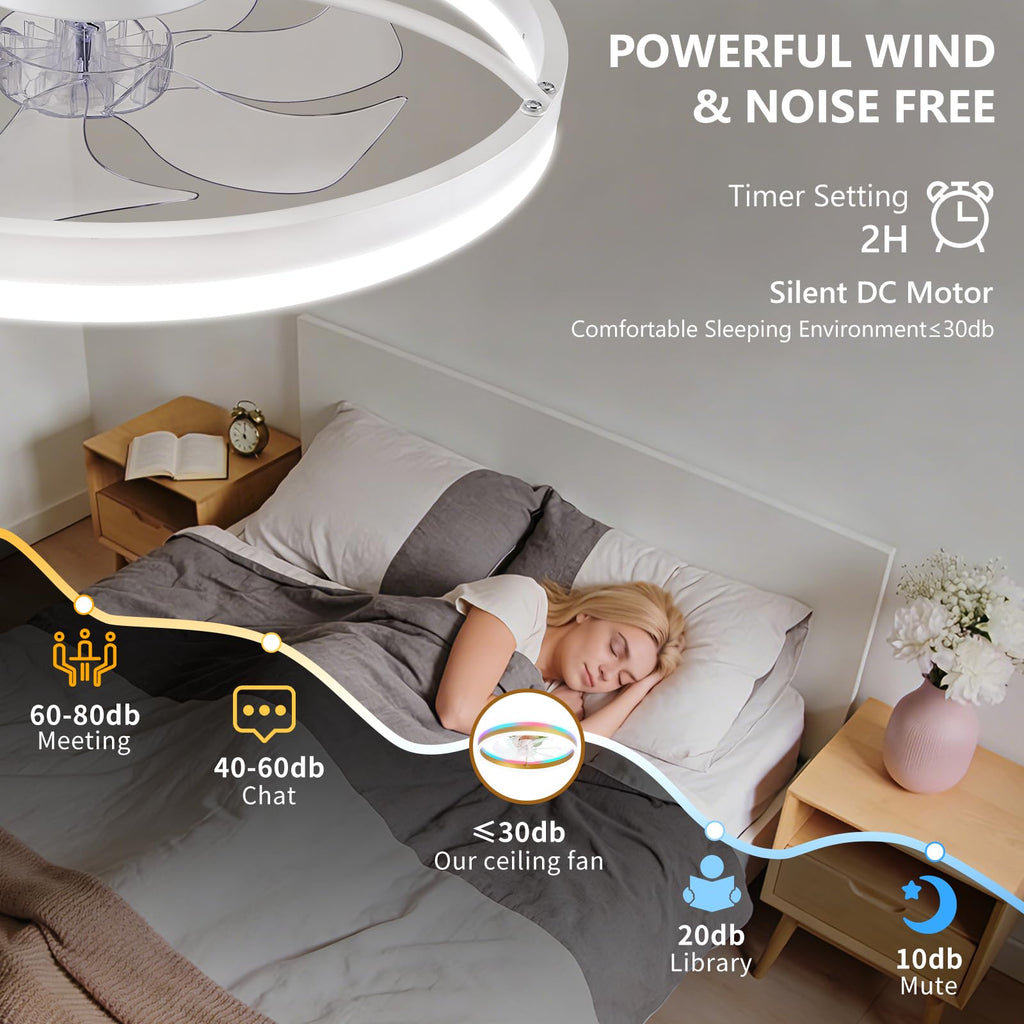 16 Inch RGB Low Profile Ceiling Fans with Lights, Modern Flush Mount Fandelier Chandelier Fixture, Remote & APP Control, Black LED Ceiling Fan Light for Bedroom, Living Room, Kitchen Indoor