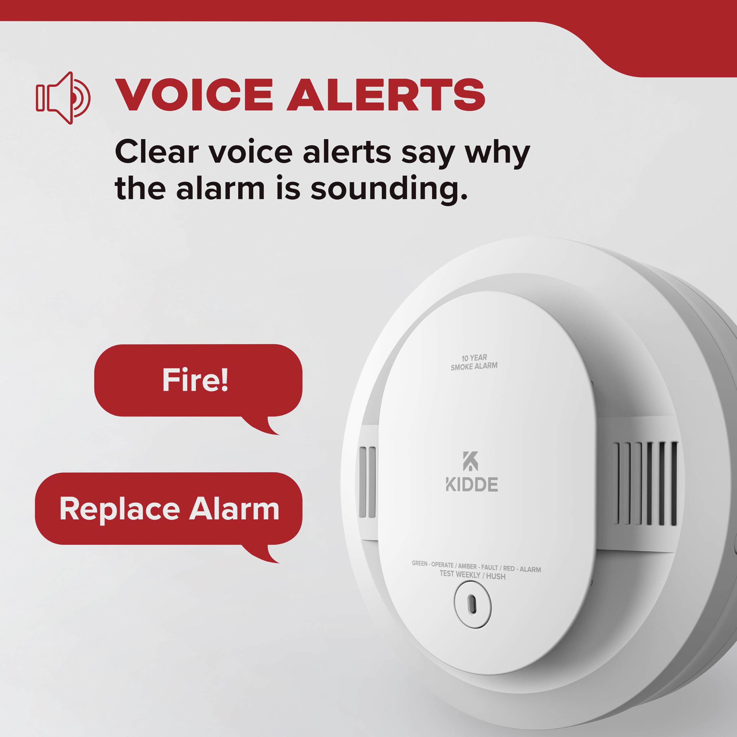 Kidde Smoke Detector, 10-Year Battery Powered, with Voice Alerts, LED Status Lights, 85 dB Alarm, 5-inches, 20SD10-V, 1 Pack