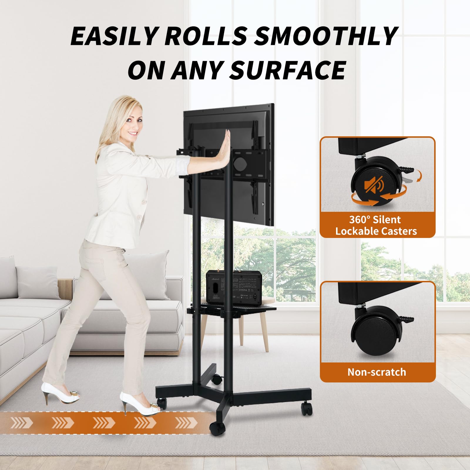 Solid Grace Rolling TV Stand with Power Outlet for 32-75 Inch TVs up to 88lbs, Portable TV Stand with Shelf, Mobile TV Cart for Living Room, Office, Meeting Room, Outdoor(with Power Outlet+Shelf)
