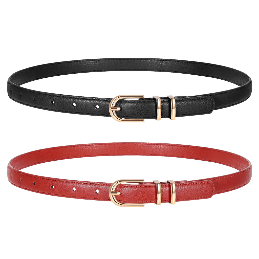 TRIWORKS 2 Pack Women Skinny Leather Belts for Jeans Pants Thin Faux Leather Belt with Gold Buckle