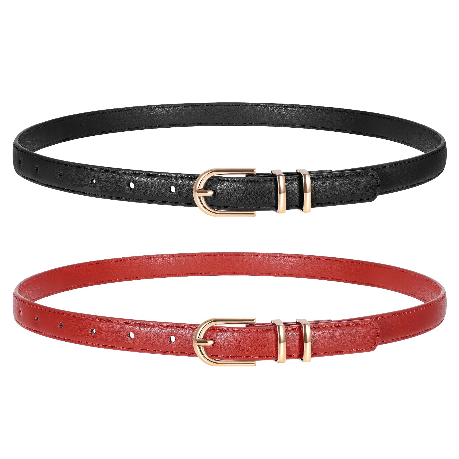TRIWORKS 2 Pack Women Skinny Leather Belts for Jeans Pants Thin Faux Leather Belt with Gold Buckle