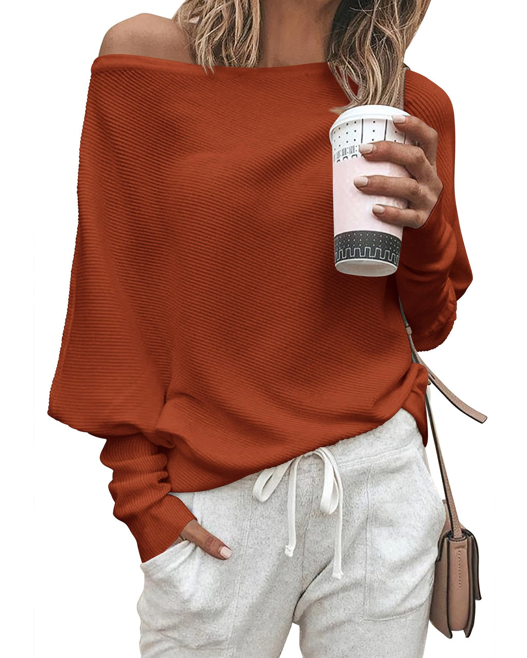 Zenlonr Women's Fall Sweaters 2026 Casual Long Batwing Sleeve Loose Off Shoulder Knit Pullovers Jumper Tops