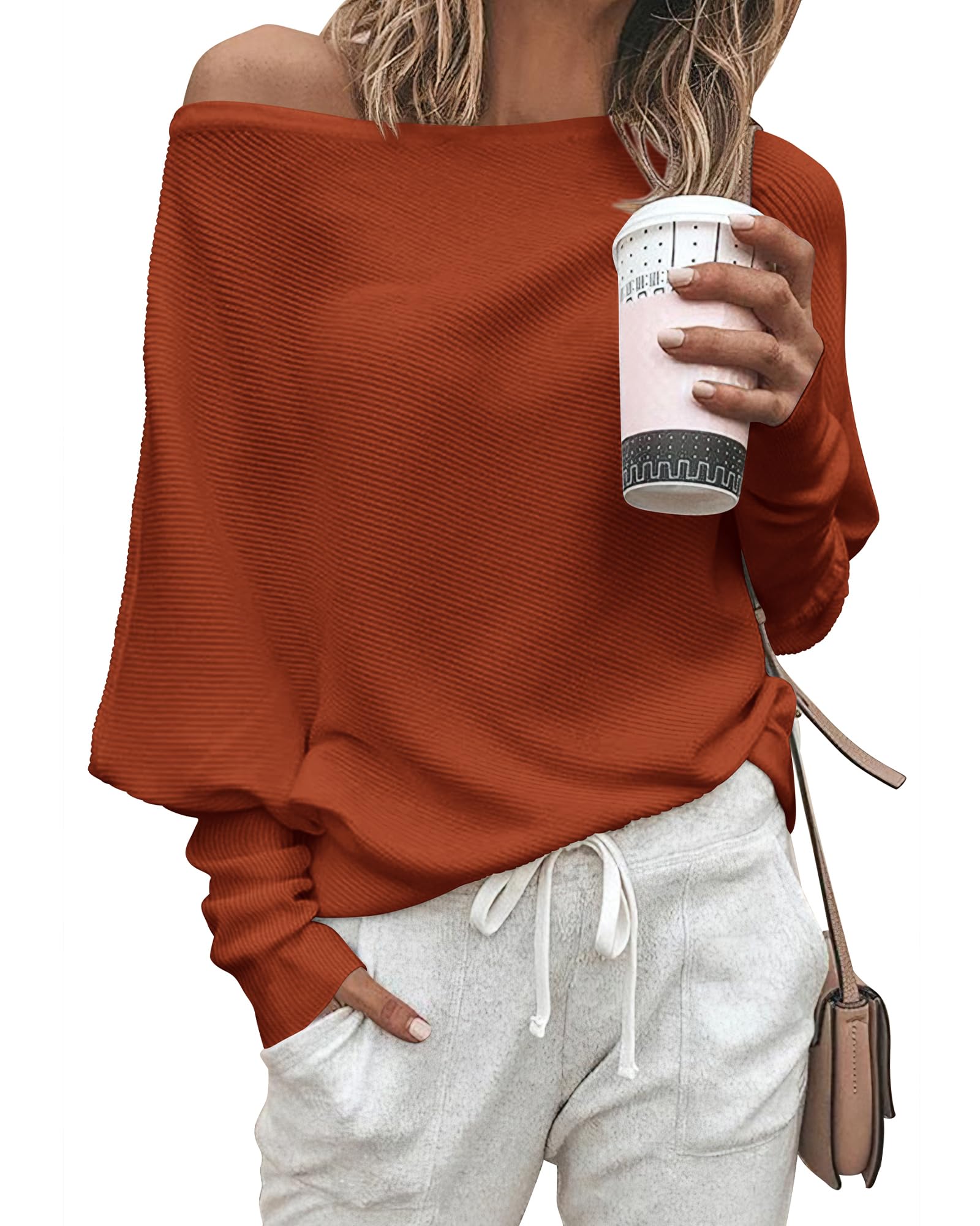 Zenlonr Women's Fall Sweaters 2026 Casual Long Batwing Sleeve Loose Off Shoulder Knit Pullovers Jumper Tops