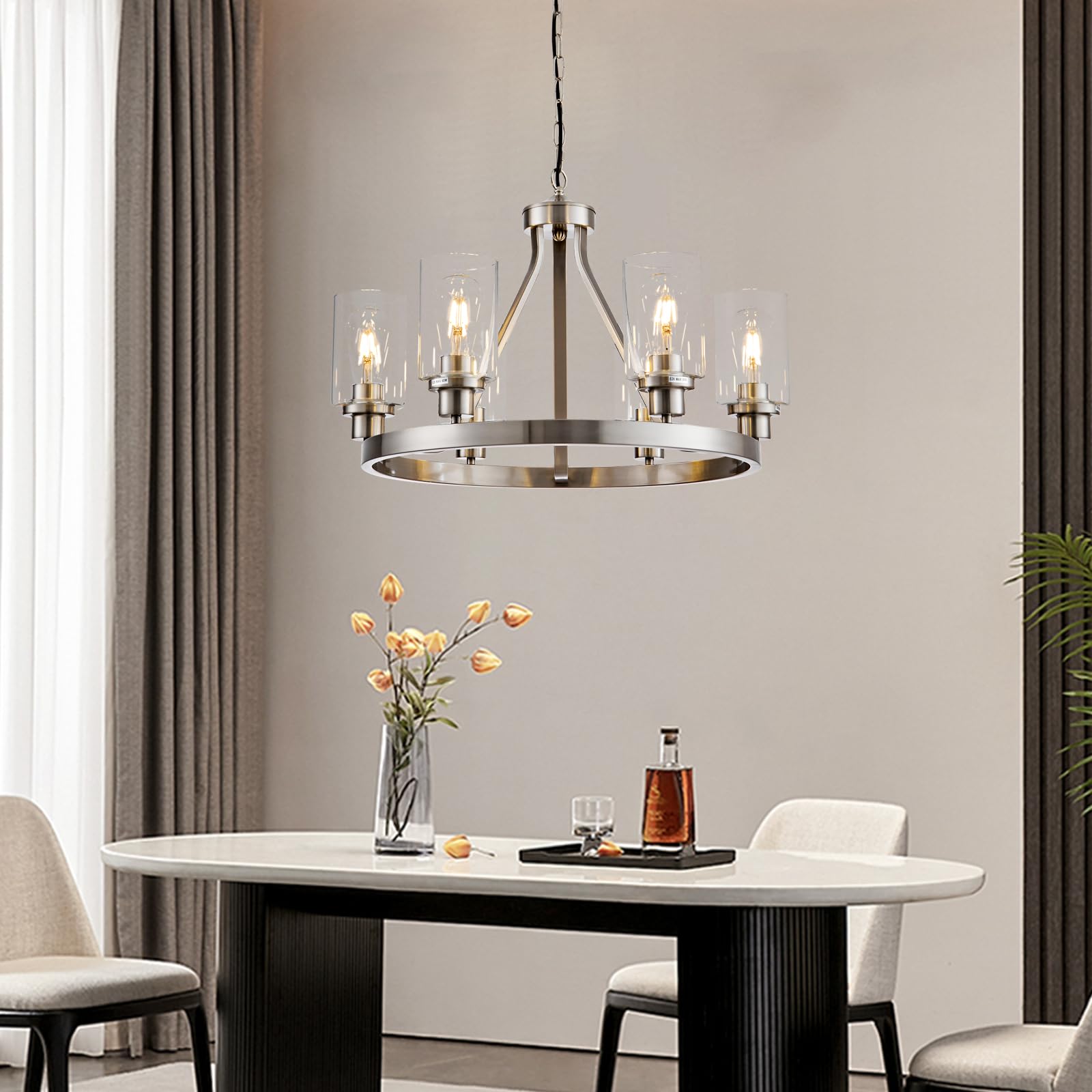 Lanhall 6-Light Modern Dining Room Light Fixture Brushed Nickel Kitchen Chandelier Ceiling Hanging Pendant Lighting with Glass Shade for Living Room Bedroom Entryway Adjustable Height Metal E26