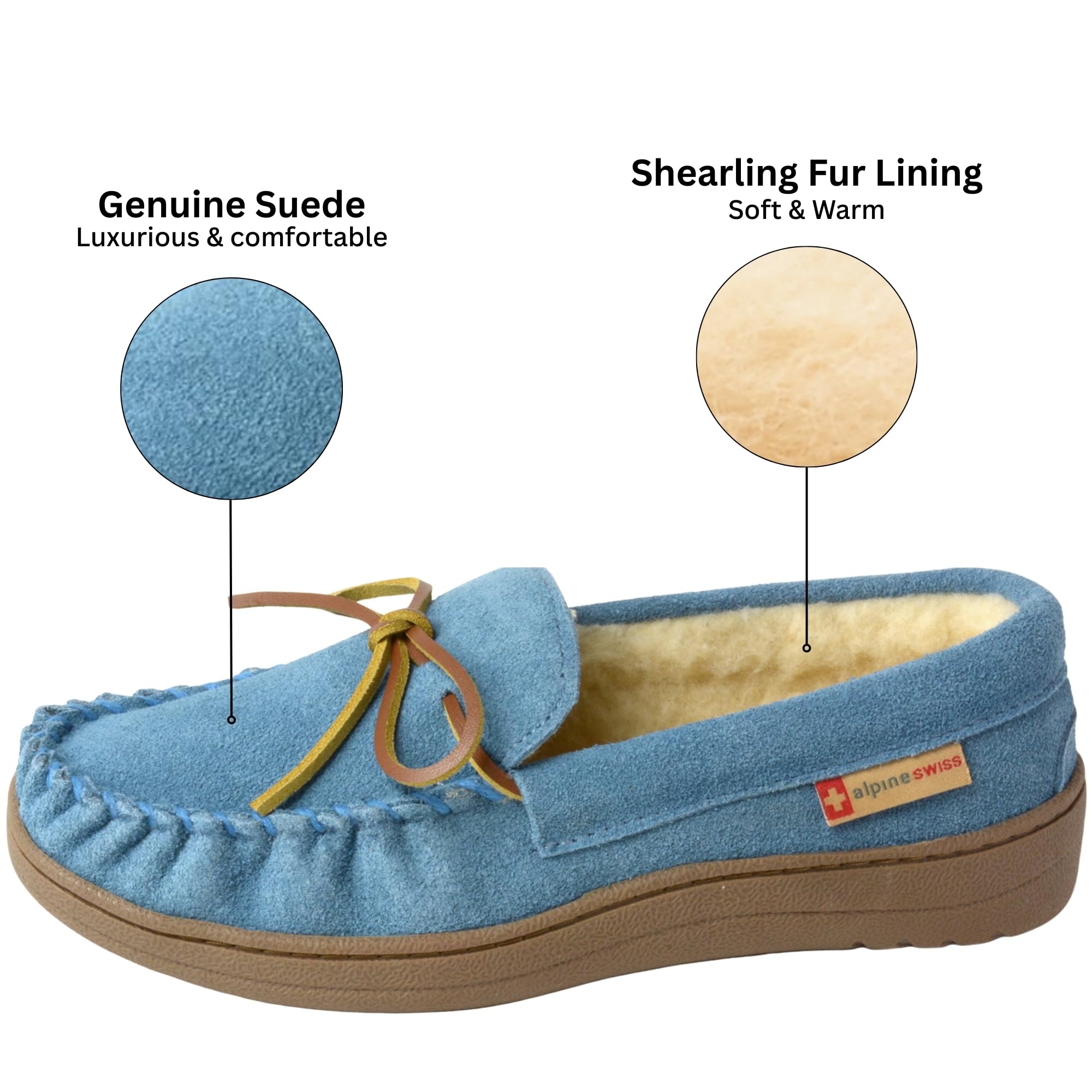 Alpine Swiss Sabine Womens Moccasin Slippers Genuine Suede House Shoe Memory Foam Insole Plush Faux Shearling Fur Indoor Outdoor Anti-Slip Rubber Sole