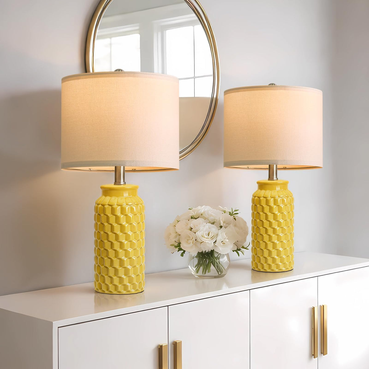USumkky 20.5" Gold Modern Ceramic Bedside Lamp Set of 2 for Bedroom Decor Farmhouse Table Lamp for Living Room Office Dorm