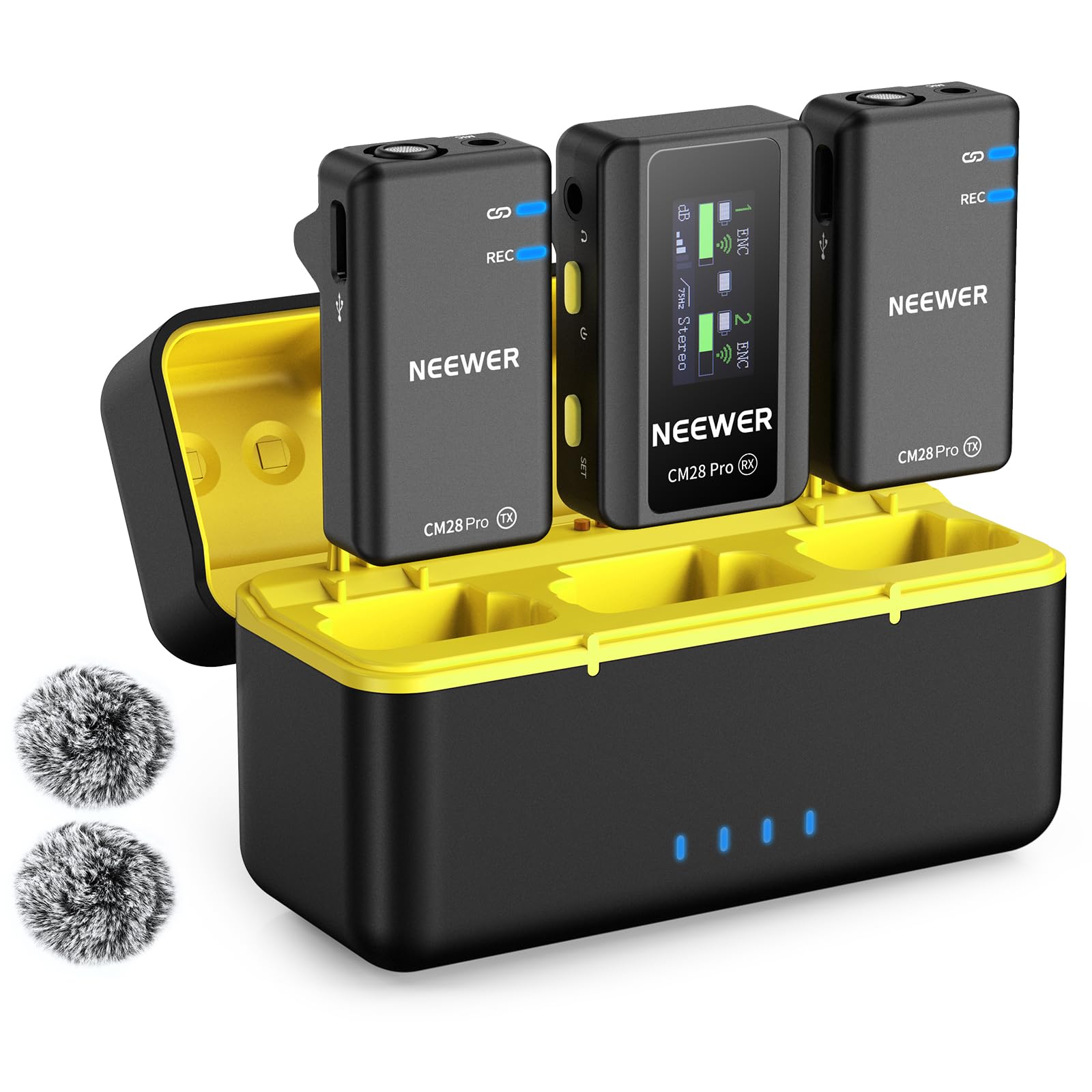 NEEWER CM28 Wireless Lavalier Microphone System, 1 Click Noise Canceling, 4GB Storage for 9Hrs of 48KHz 16 Bit Uncompressed Audio, Lapel Mic Compatible with iPhone/Android/PC/Camera/iPad