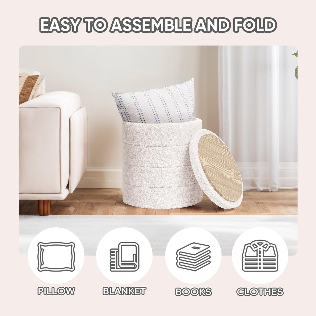 PINPLUS Round Storage Ottoman Foot Rest Stool with Tray Velvet Sherpa Folding Storage Ottoman,Boucle Foot Rest for Living Room, Bedroom, Dorm（Beige）
