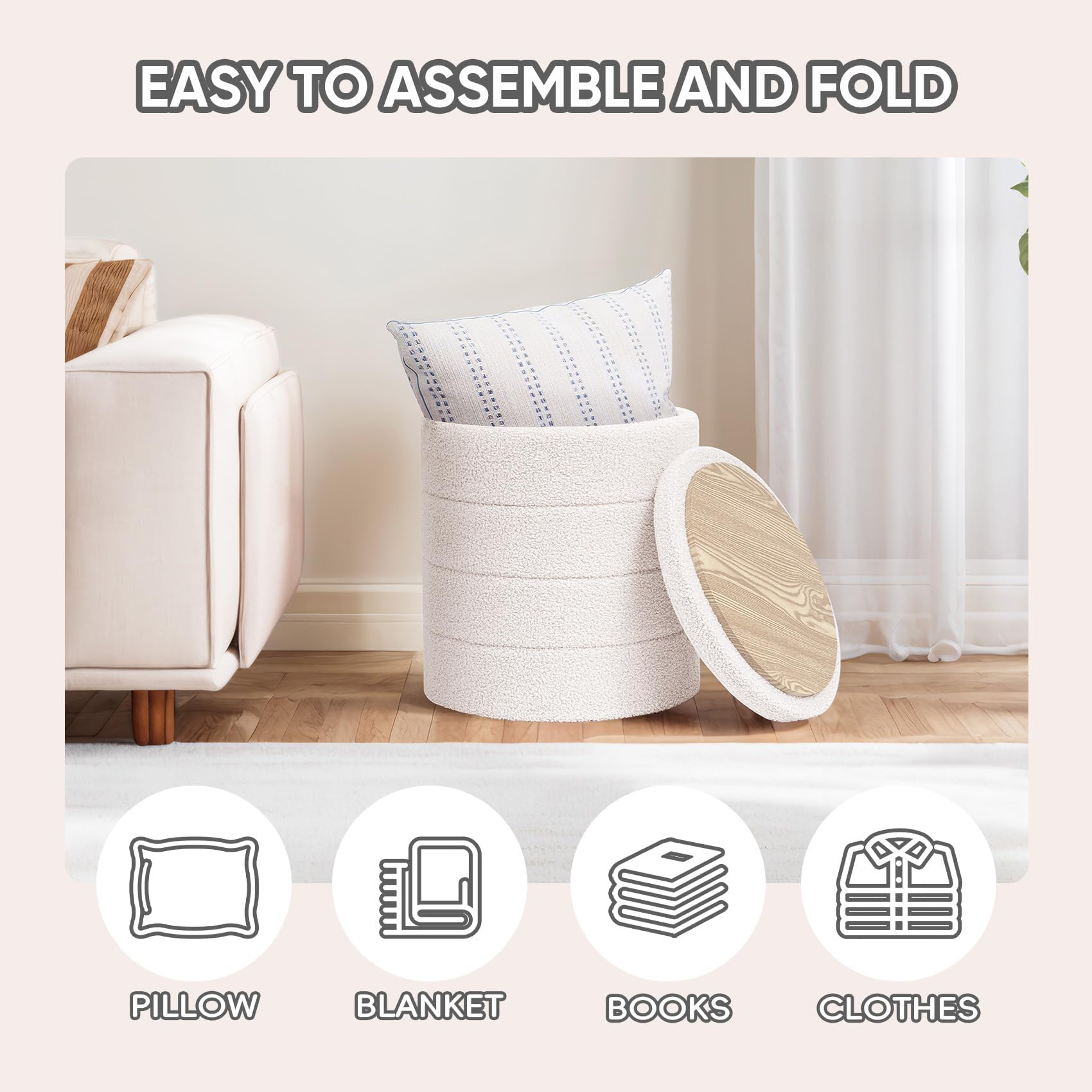 PINPLUS Round Storage Ottoman Foot Rest Stool with Tray Velvet Sherpa Folding Storage Ottoman,Boucle Foot Rest for Living Room, Bedroom, Dorm（Beige）