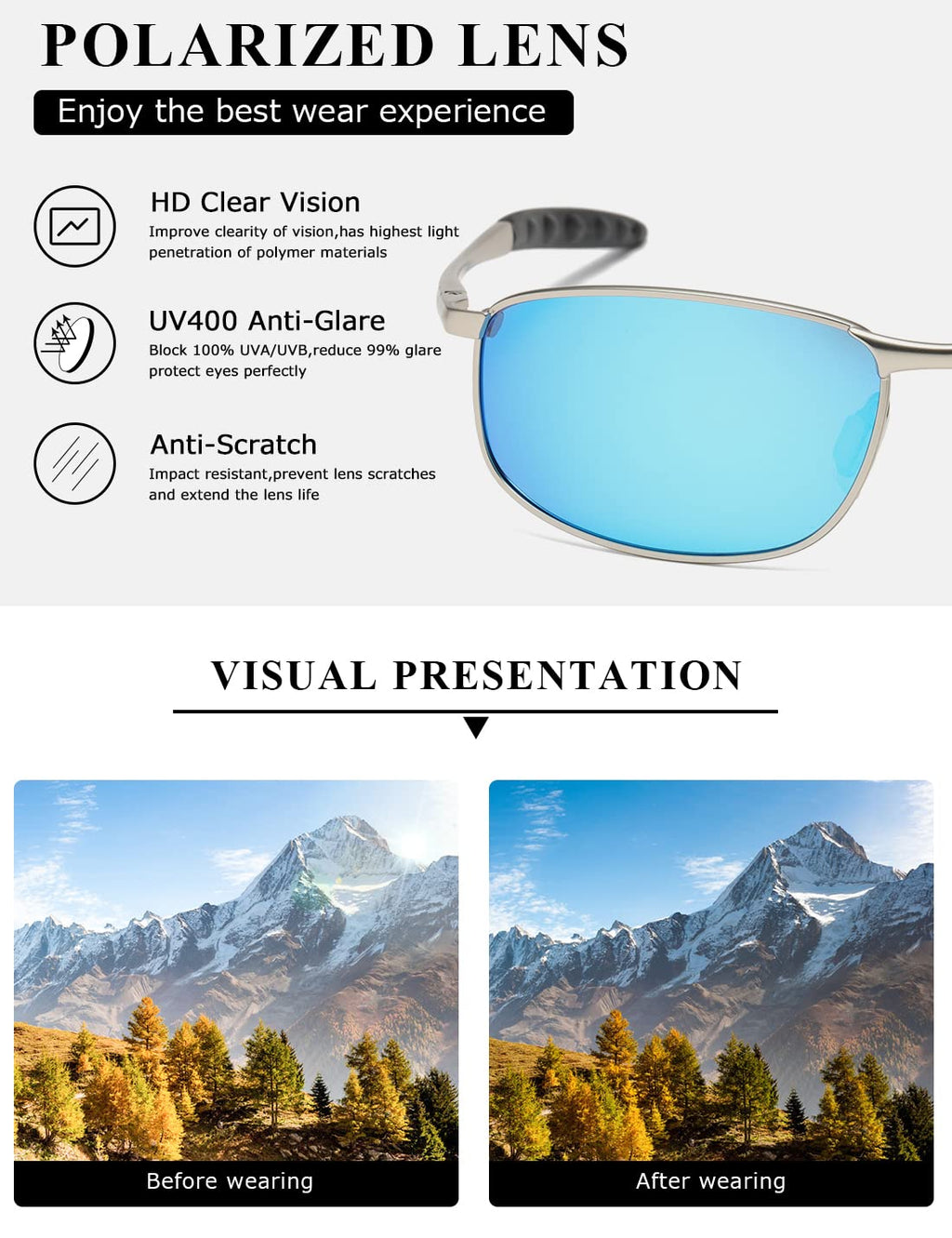 AEVOGUE Polarized Sunglasses For Men Rectangle Metal Frame Retro Sun Glasses AE0395