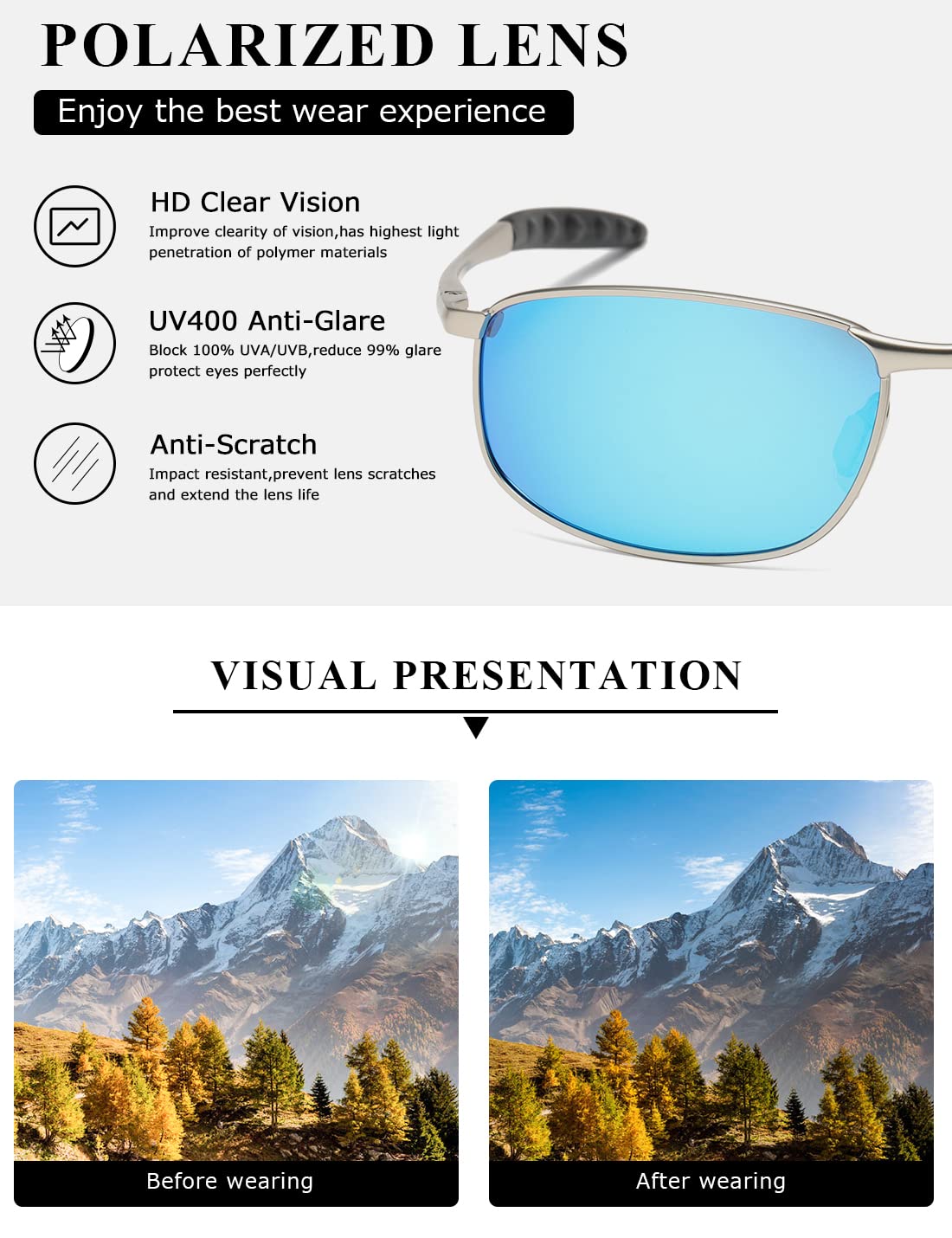 AEVOGUE Polarized Sunglasses For Men Rectangle Metal Frame Retro Sun Glasses AE0395